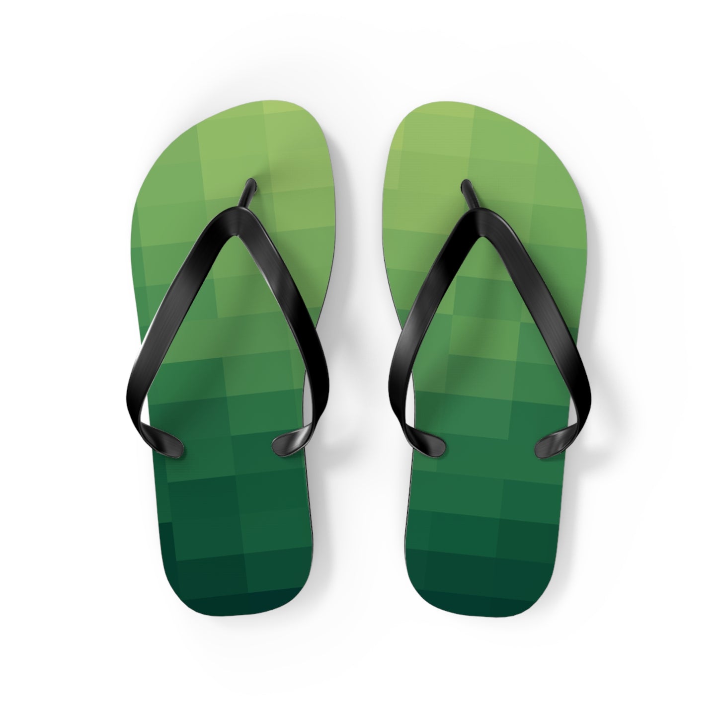 Front view of green 8-bit gradient flip flops with black PVC straps isolated on white background