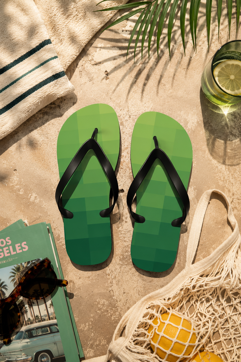 Retro-inspired green 8-bit flip flops styled in a summer beach flat lay with tropical shadows, towel, citrus drink, and poolside accessories