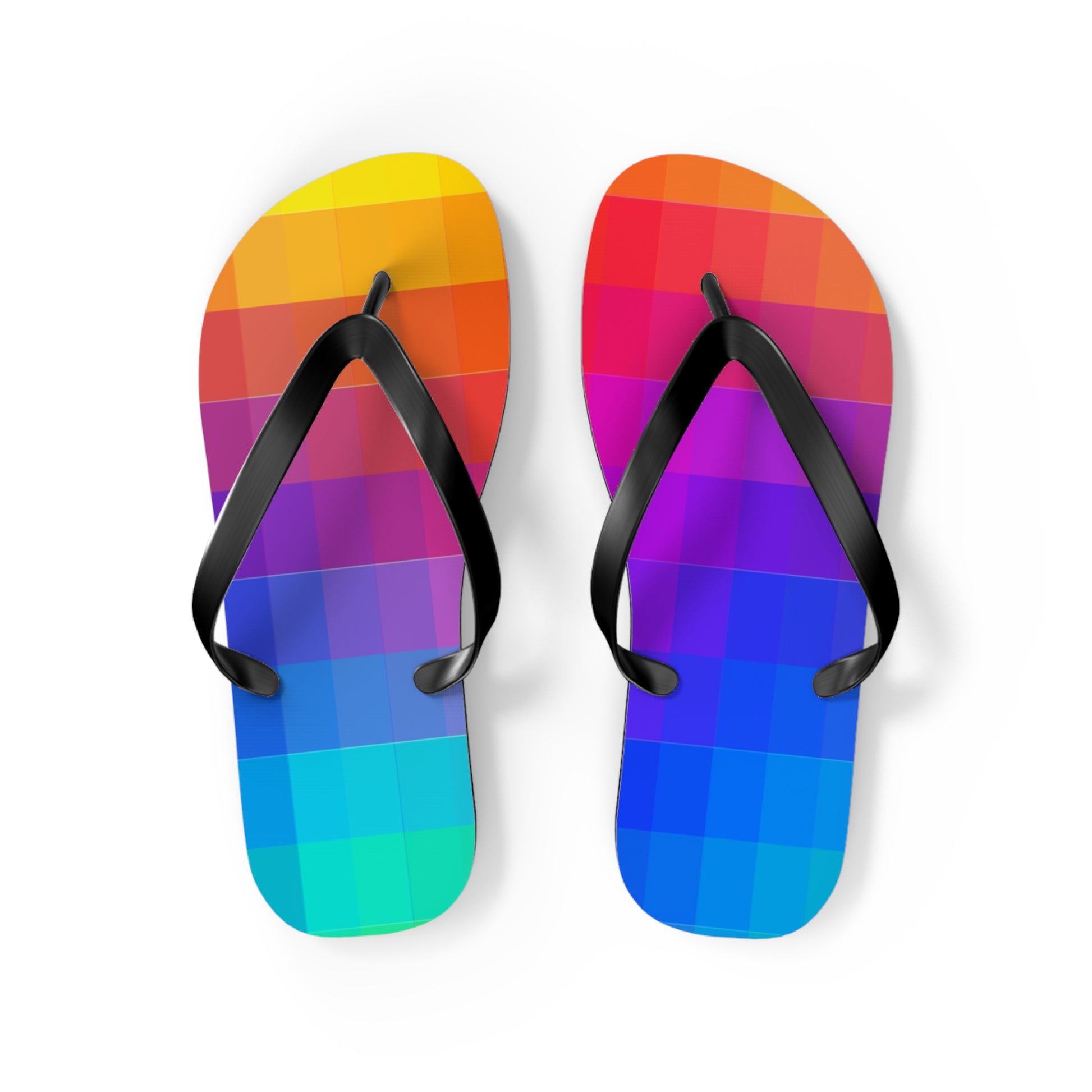 8-Bit Rainbow Flip Flops front view with colorful pixel art gradient and black straps