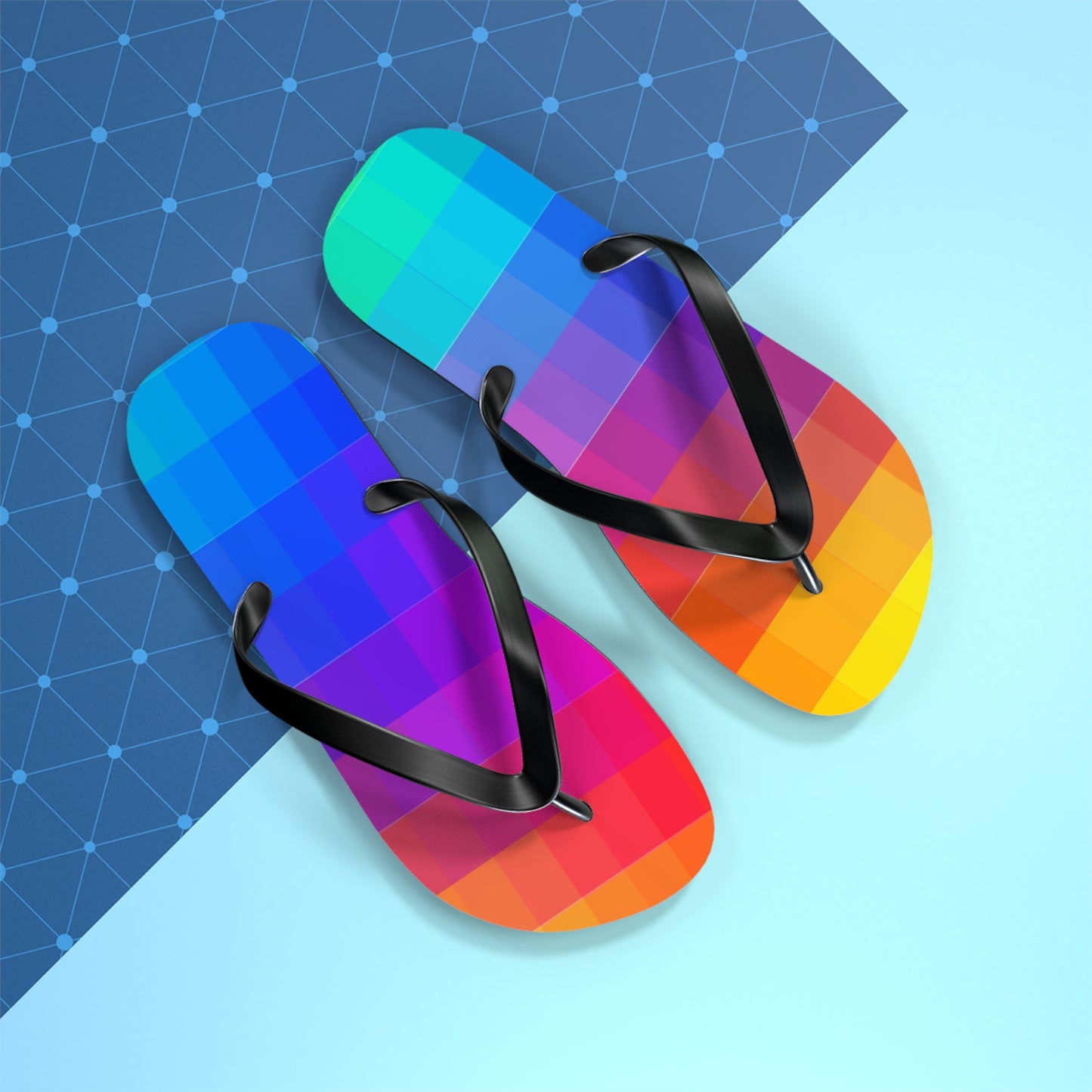8-bit rainbow flip flops floating view pixel art colorful sandals modern summer footwear