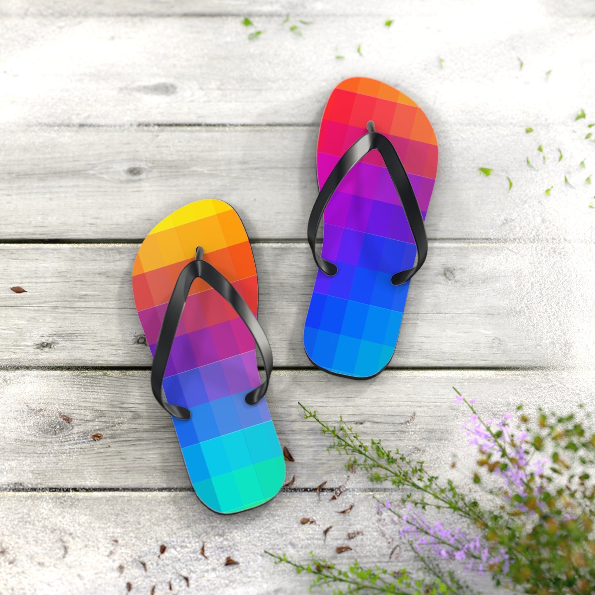 rainbow pixel flip flops on wood floor colorful aesthetic summer sandals 8-bit design