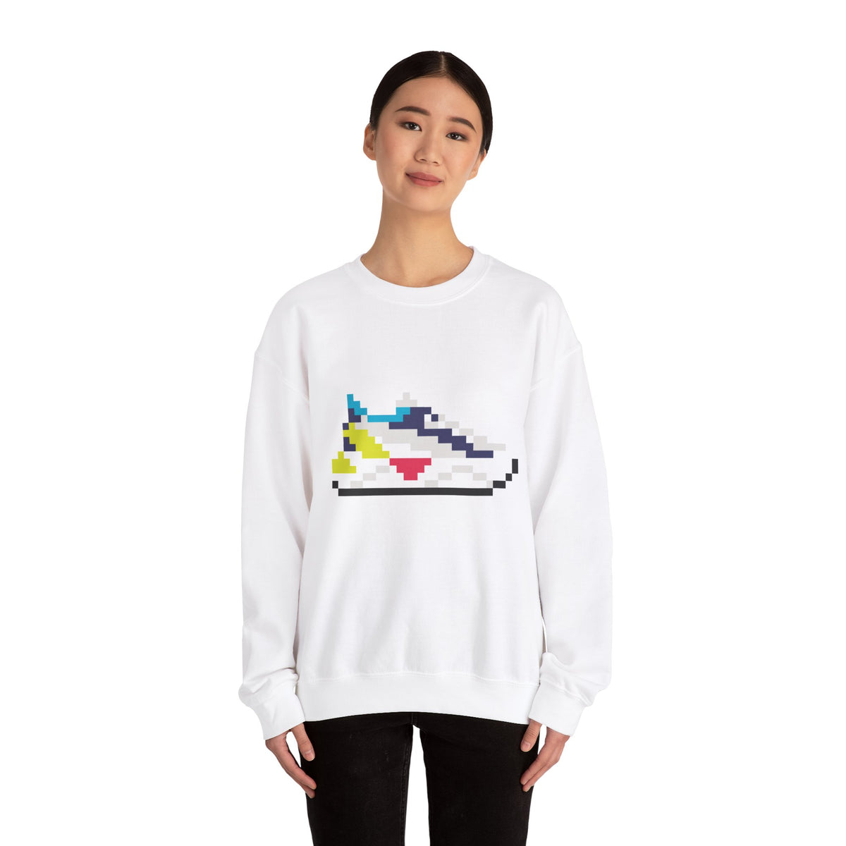 Woman wearing white 8-Bit Sneaker sweatshirt with colorful pixel shoe graphic