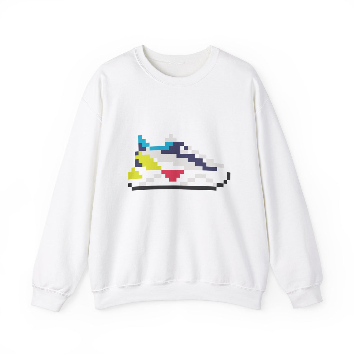 White 8-Bit Sneaker sweatshirt with colorful retro pixel sneaker graphic