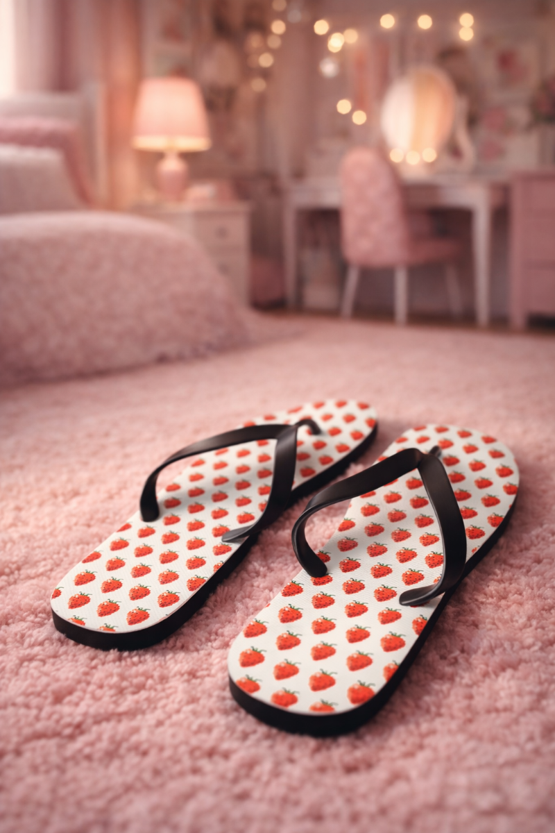 8-bit strawberry flip flops placed on floor indoor lifestyle product photo