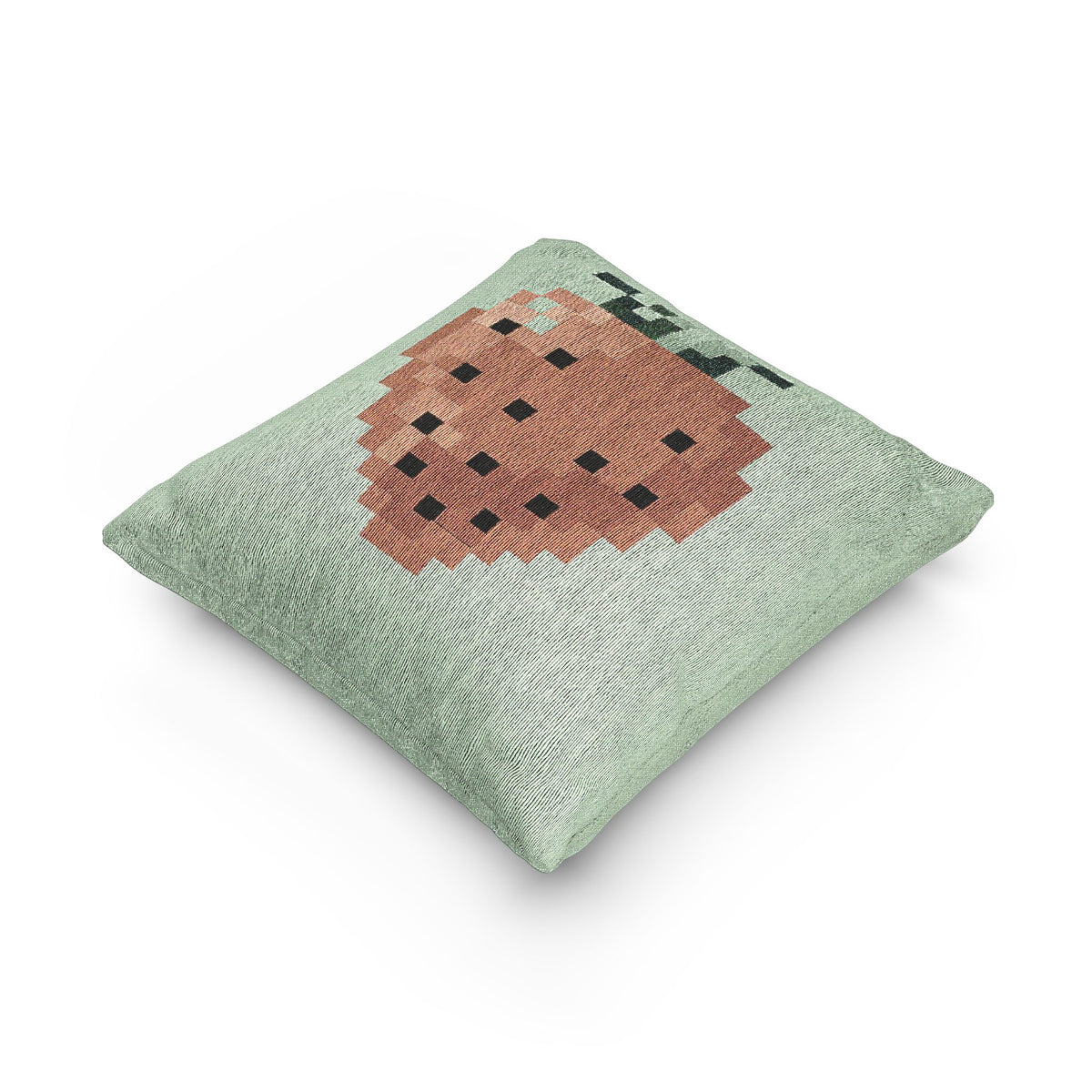 Angled view of 8-bit strawberry woven throw pillow with retro pixel gaming artwork