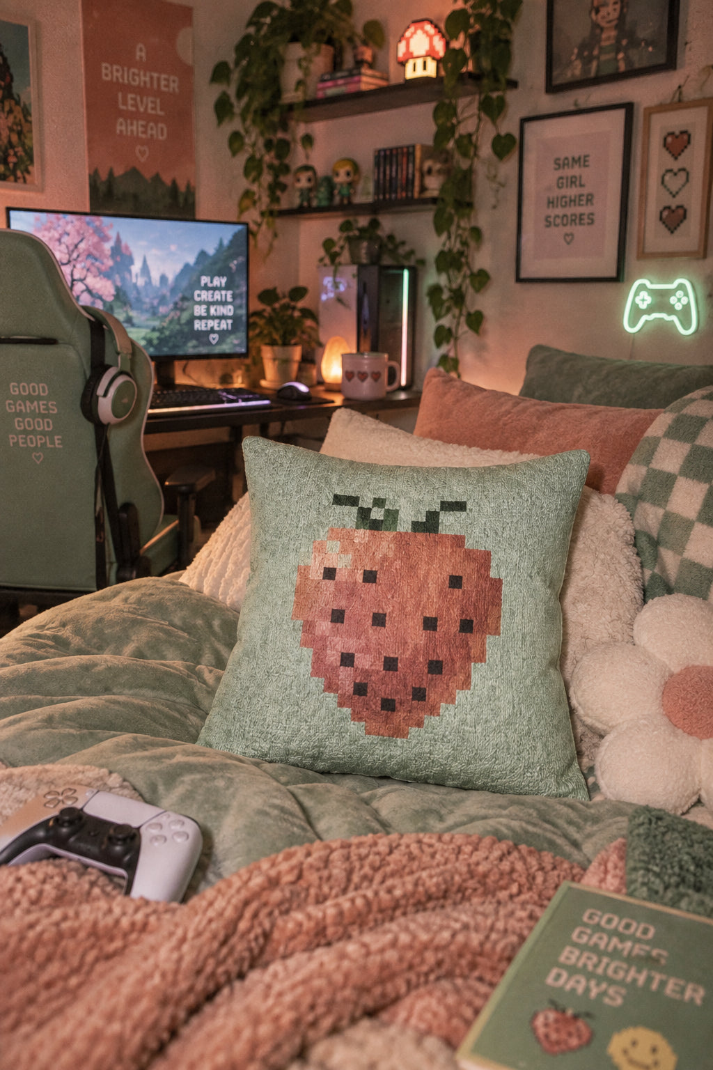 8-bit strawberry woven throw pillow in a cozy millennial gamer bedroom with retro gaming decor