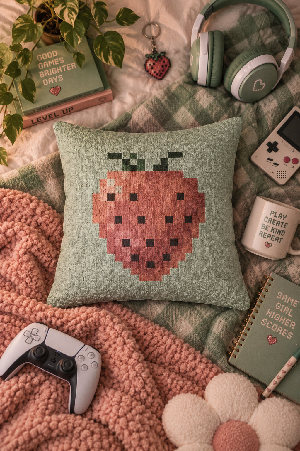 8-bit strawberry woven throw pillow styled in a retro gaming flat lay with controller, headphones