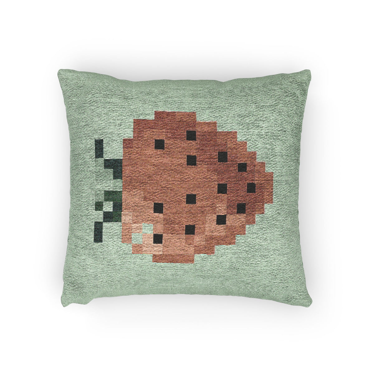 Square woven throw pillow featuring 8-bit strawberry pixel art for retro gaming room decor