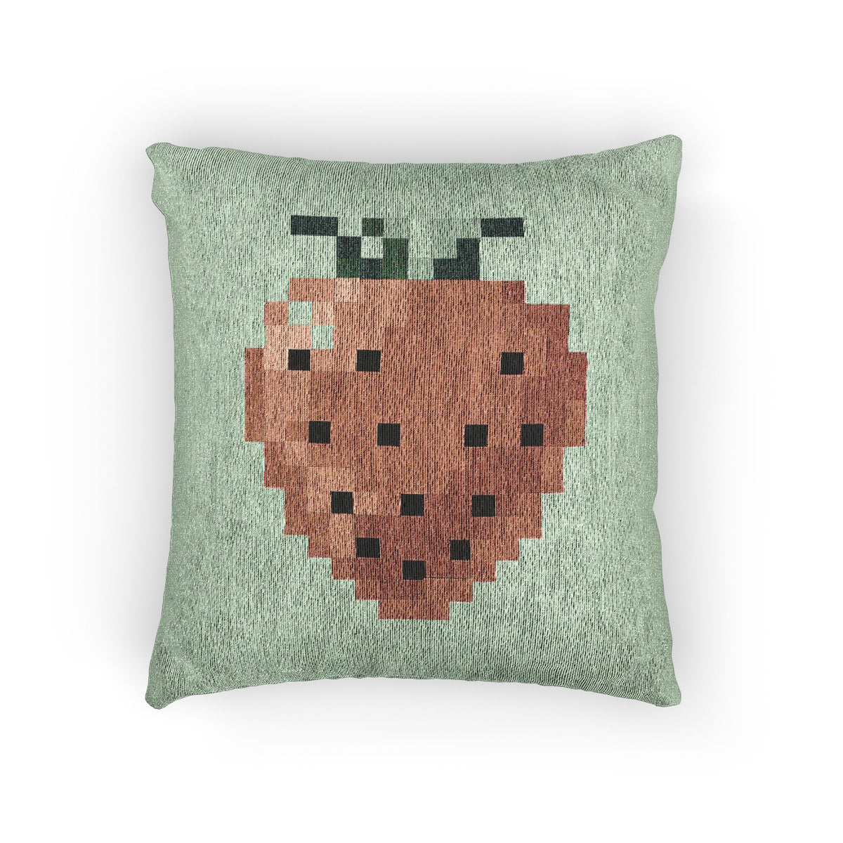 8-bit strawberry woven throw pillow with retro pixel art design on soft green background