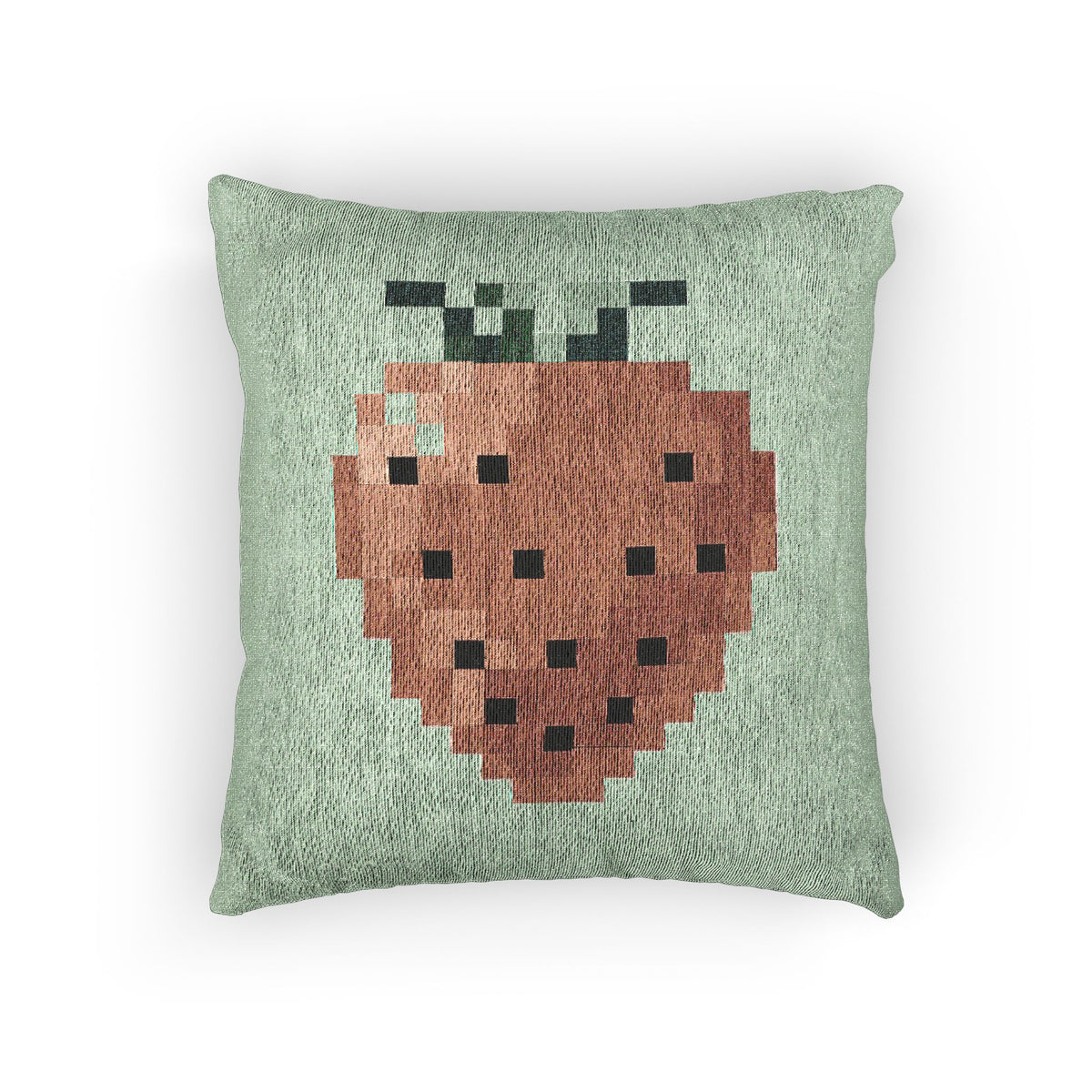 8-bit strawberry pixel art woven throw pillow with textured green fabric and retro gaming design