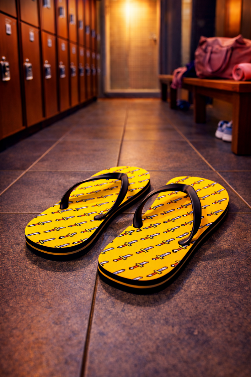 8-bit Sword Flip Flops on locker room floor, retro gaming style