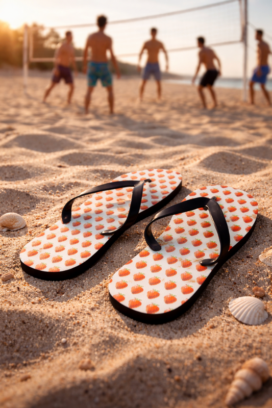 8-bit strawberry flip flops on sandy beach showing pixel fruit pattern summer footwear