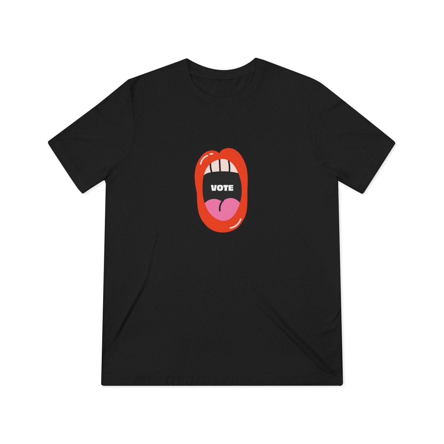 Black Vote T-Shirt flat lay with bold mouth graphic