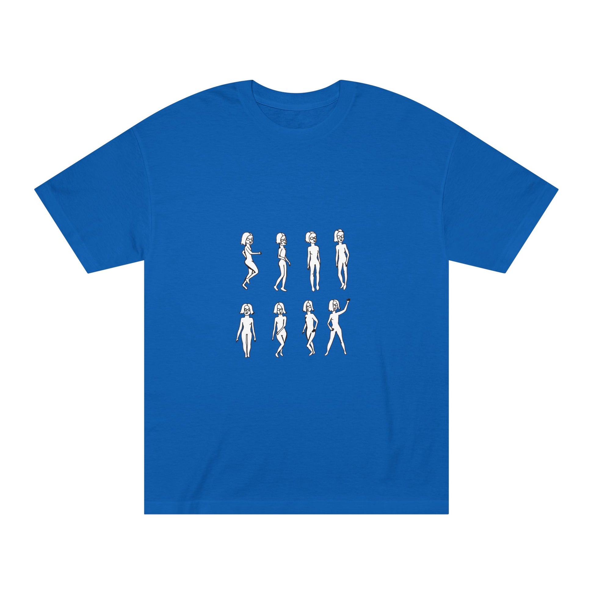 Flat lay of Running Out Unisex T-Shirt in royal blue with original artwork design