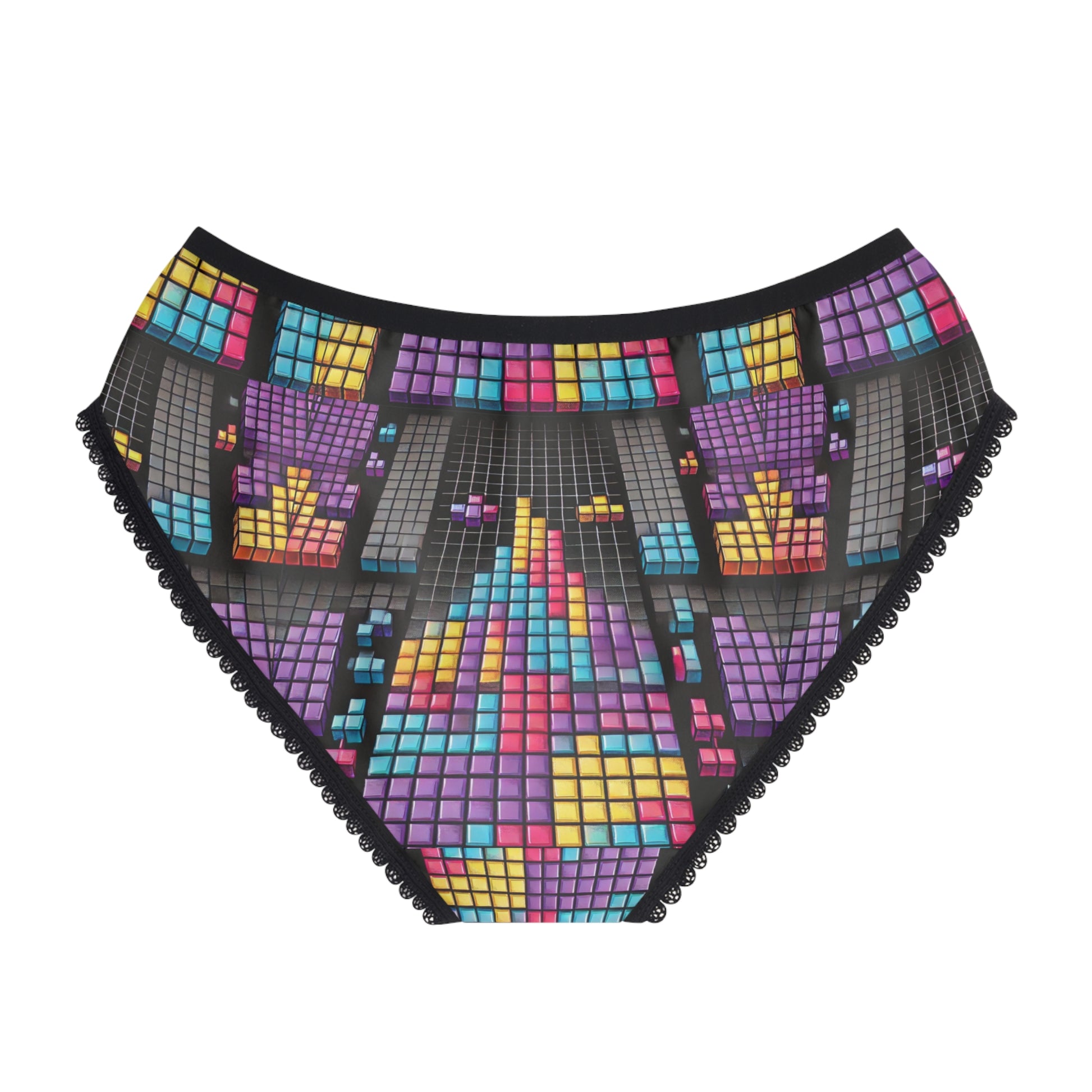 Retro gaming panties Tetris design geometric pattern women’s underwear arcade style, back view