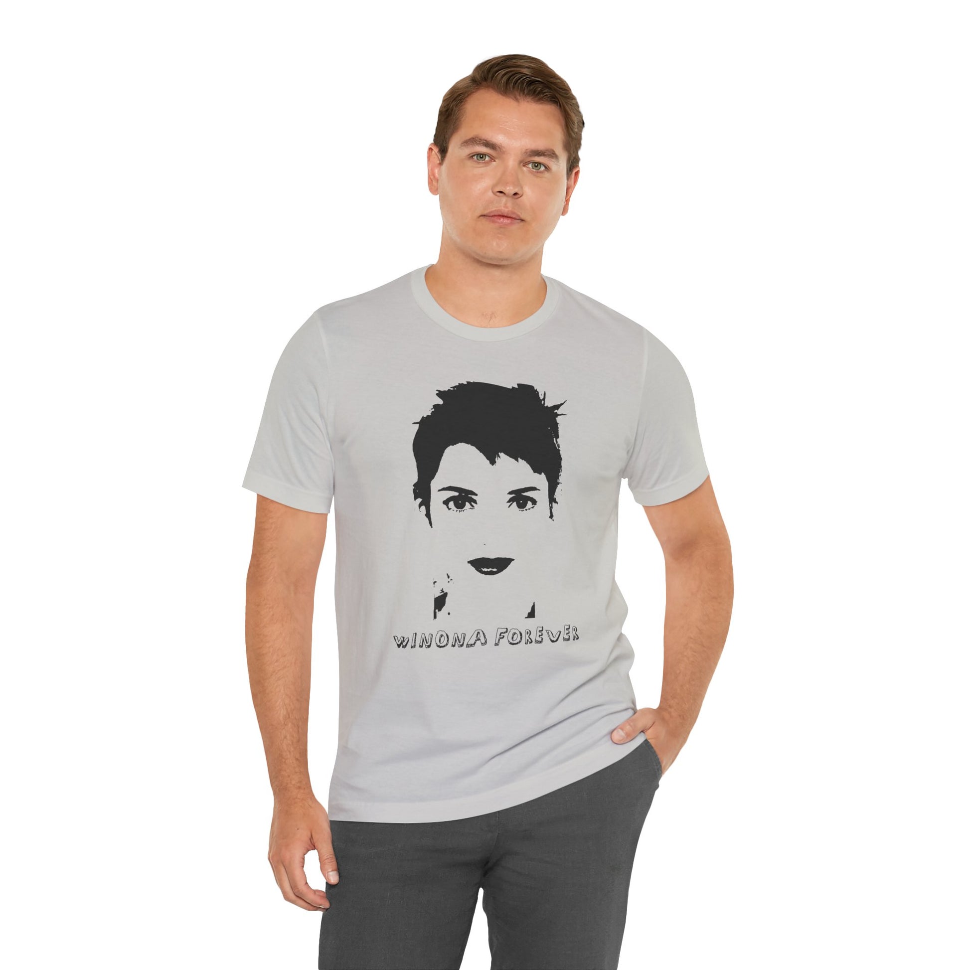 Man wearing a gray Winona Forever T-shirt with bold black portrait print.