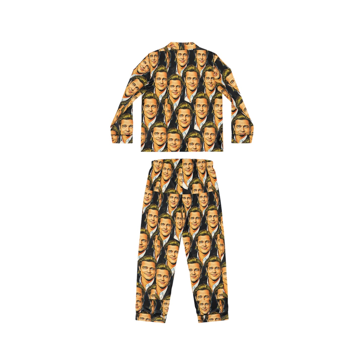 Back view of Brad’s Face satin pajama set highlighting all over pop art face print and relaxed pajama silhouette.