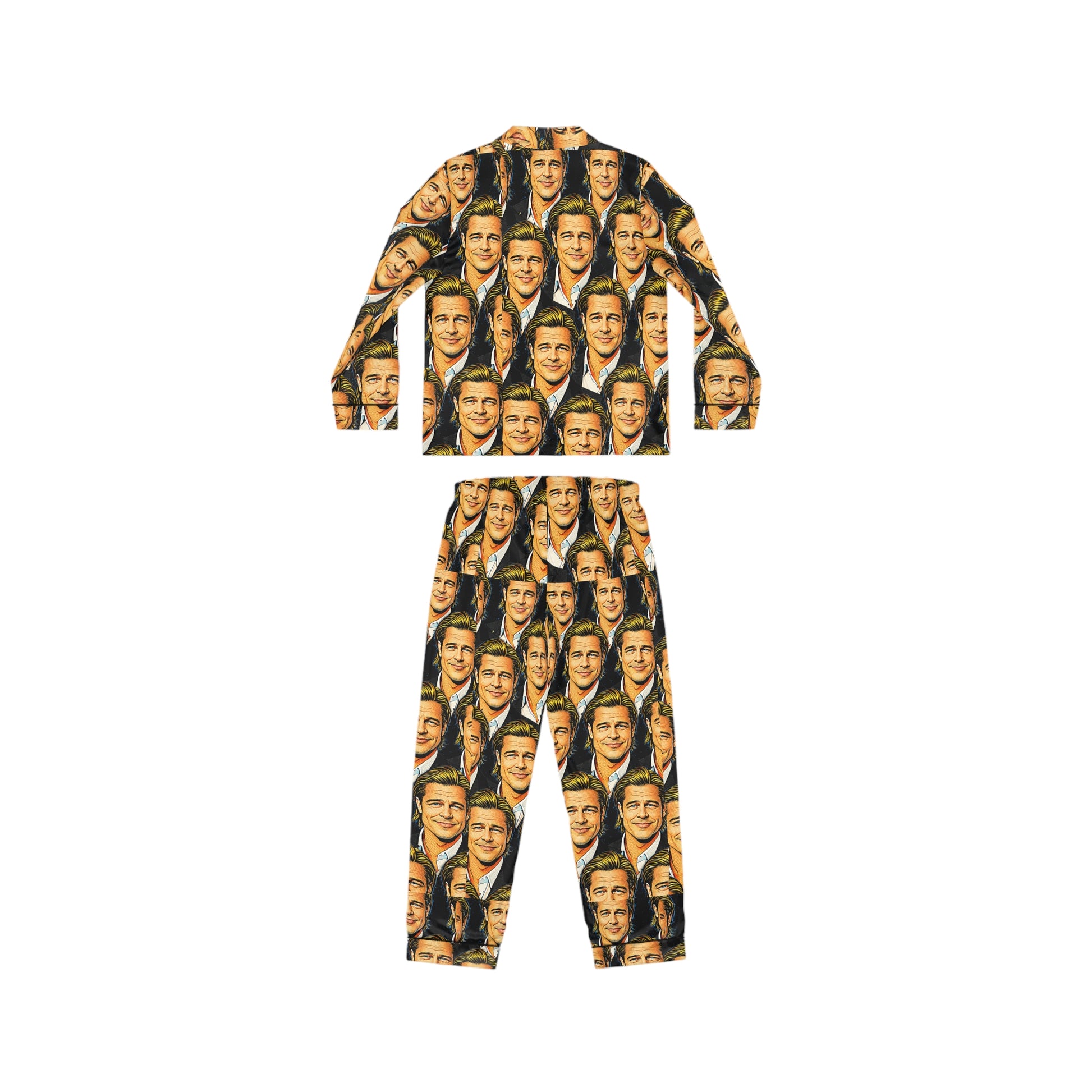 Back view of Brad’s Face satin pajama set highlighting all over pop art face print and relaxed pajama silhouette.