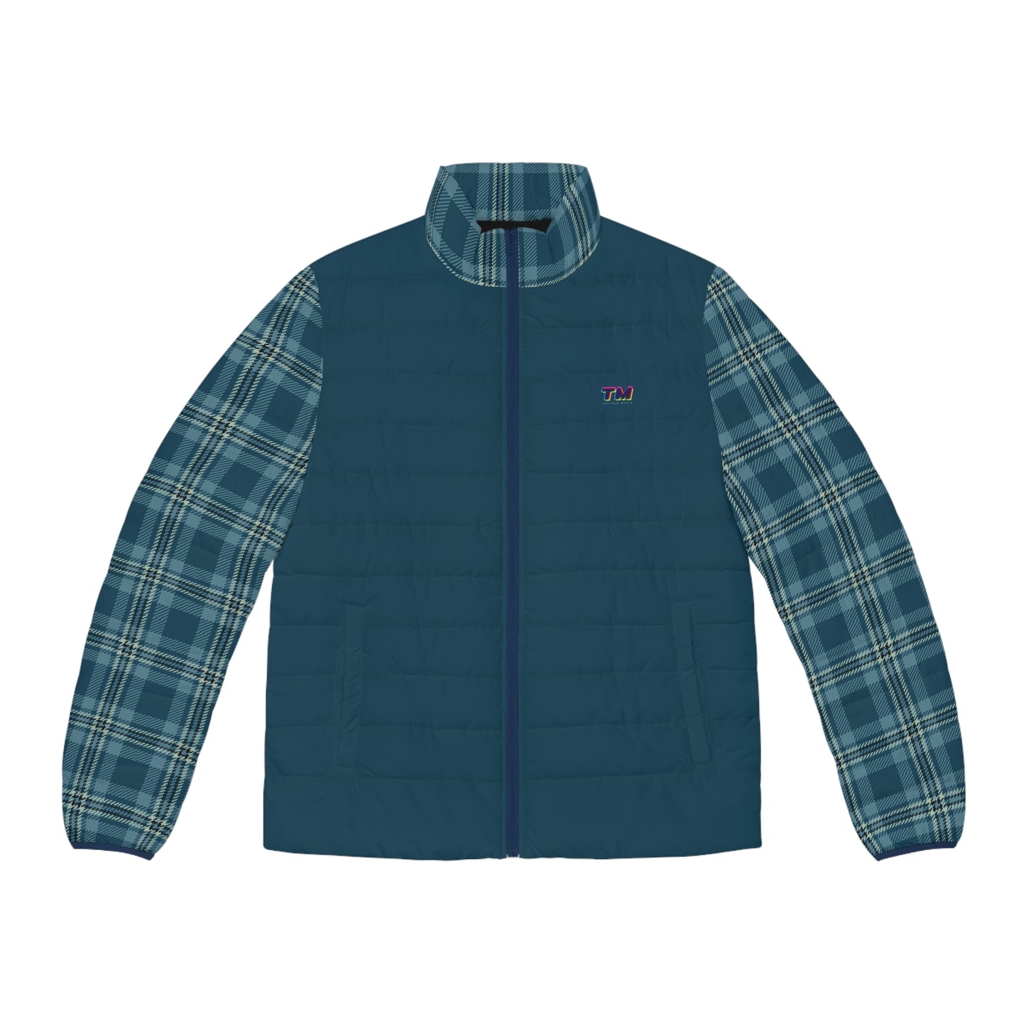 Blue puffer jacket with plaid sleeves on a white background