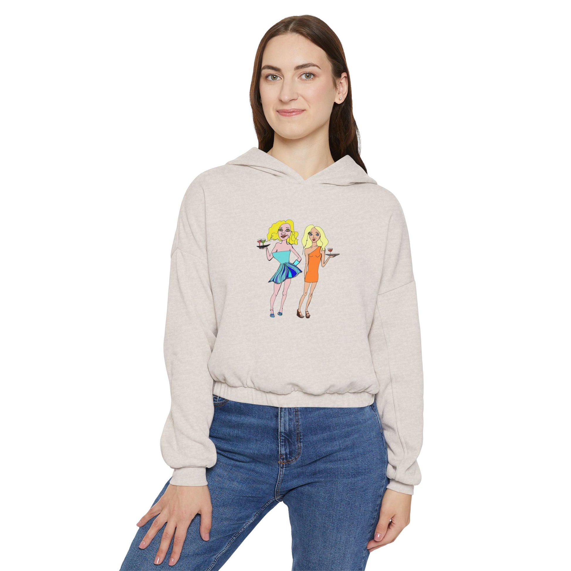 Back view of model wearing oatmeal waitress hoodie.