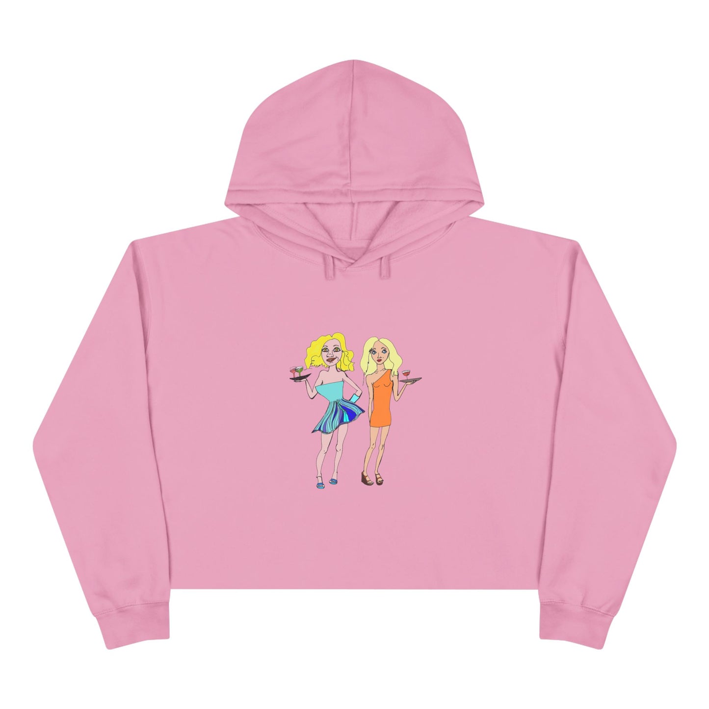Waitress Crop Unisex Hoodie in pink laid flat with original waitress artwork