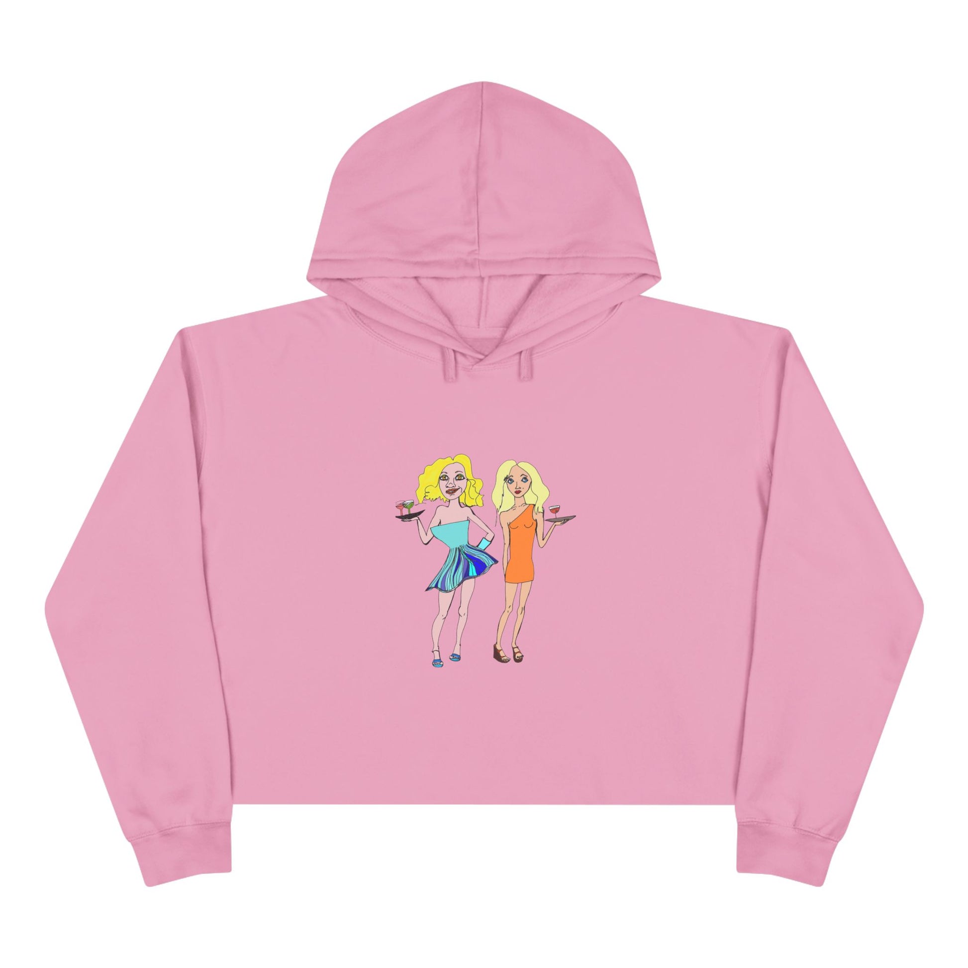 Waitress Crop Unisex Hoodie in pink laid flat with original waitress artwork
