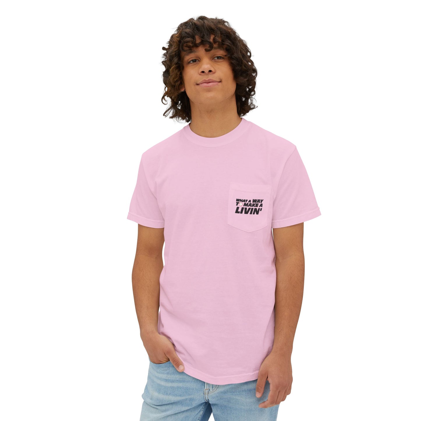 Model wearing Blossom pink 9 to 5 pocket t-shirt in studio