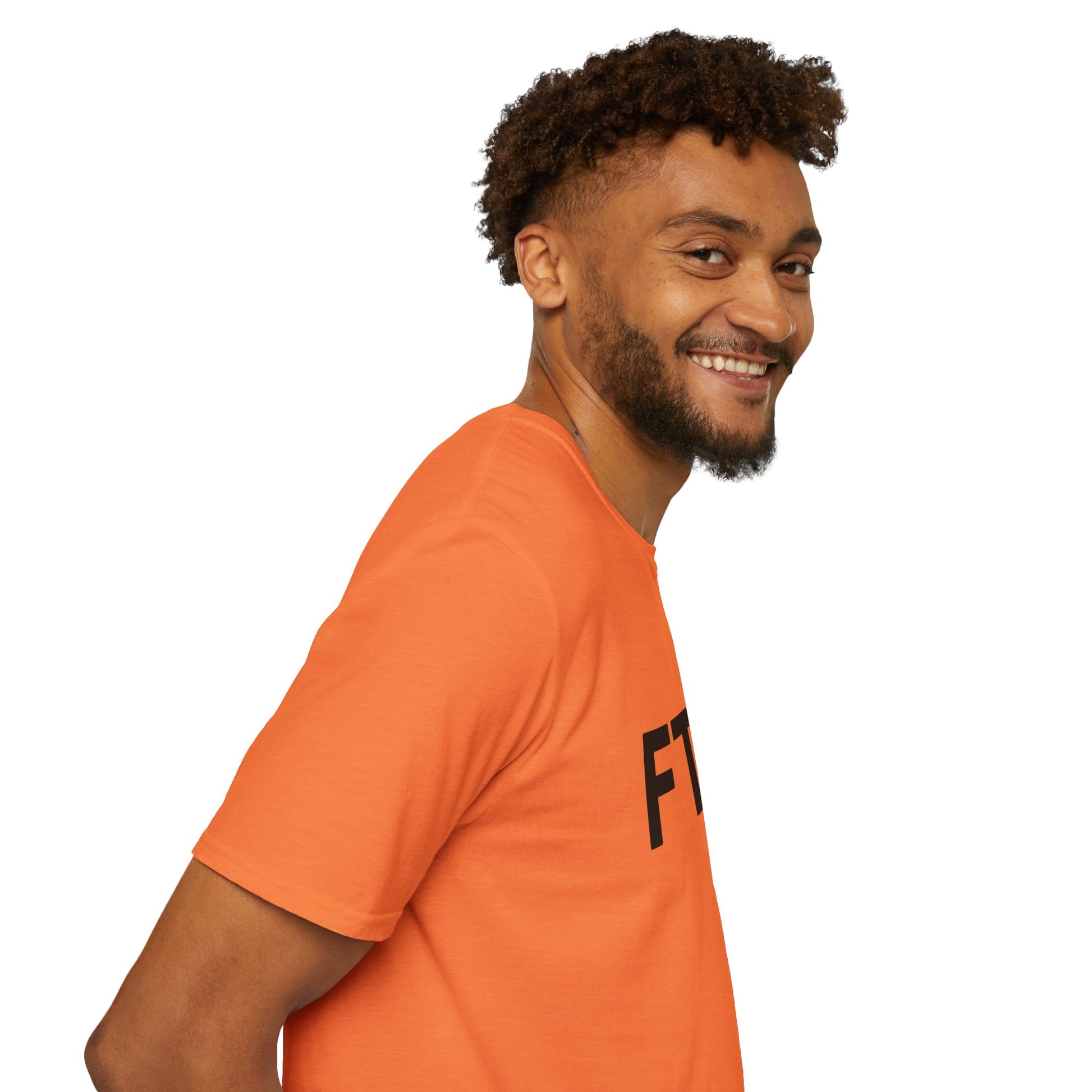 Man wearing an orange t-shirt with a logo on a white background
