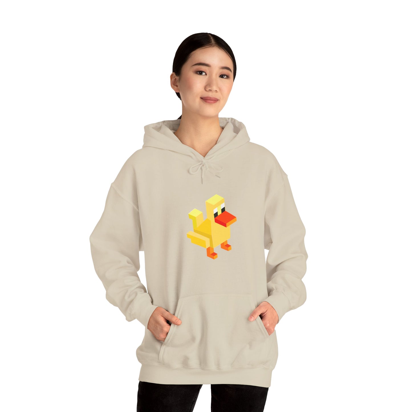 Woman wearing beige pixel duck hoodie, cozy retro gaming streetwear unisex sweatshirt