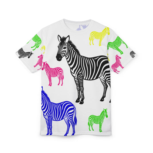 Front view of Colored Zebras Unisex T-Shirt with neon zebra print in black, pink, blue, green, and yellow