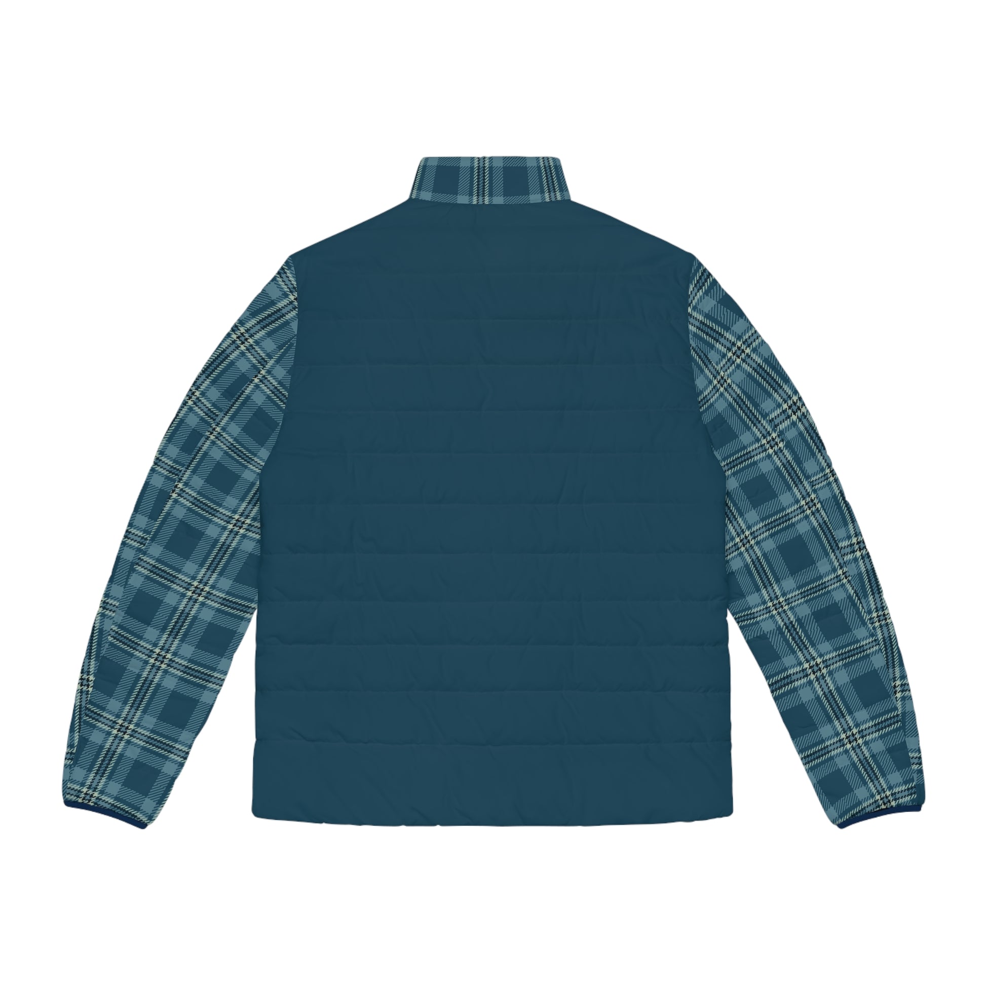 Blue puffer vest with plaid sleeves on a white background