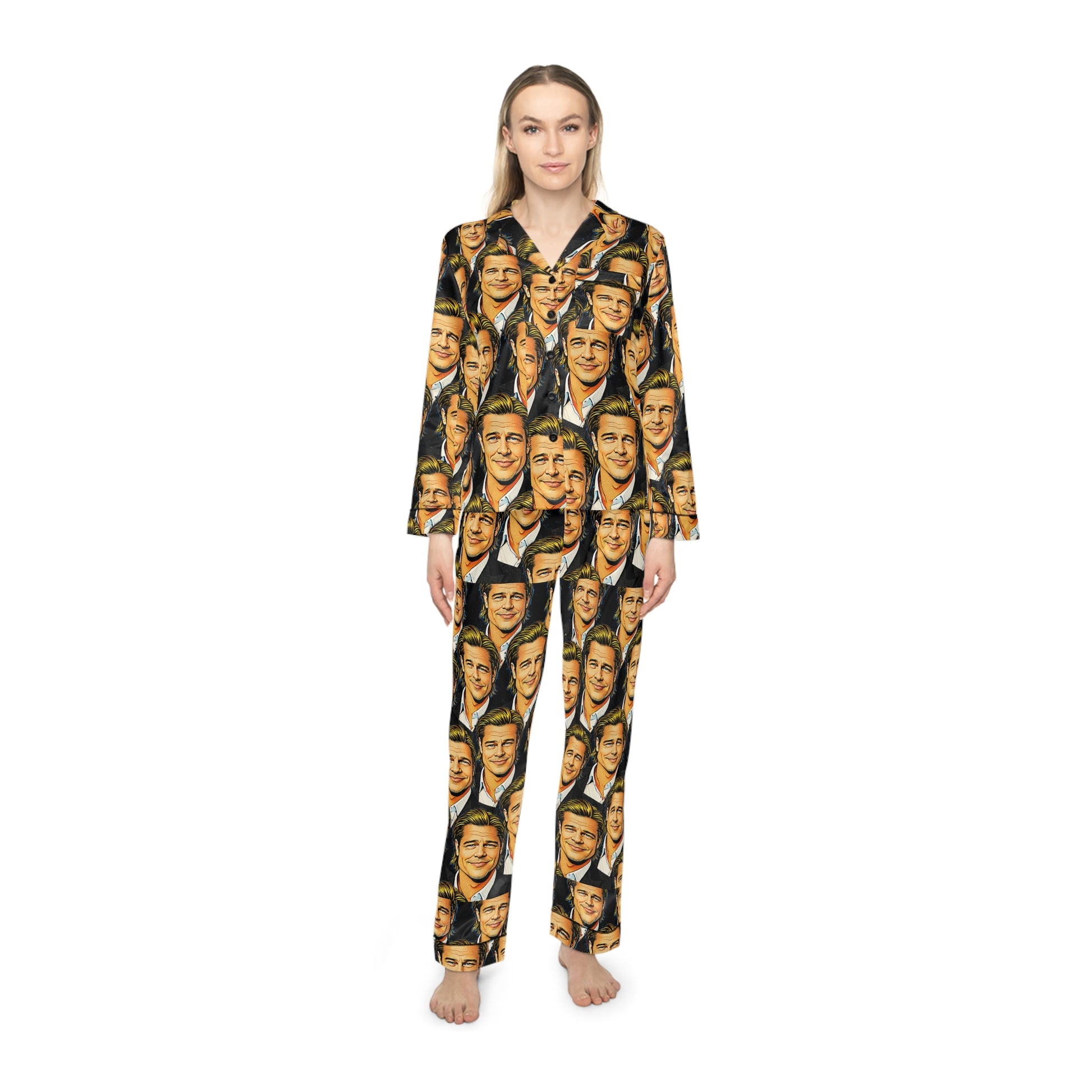 Full length front view of woman wearing Brad’s Face satin women’s pajama set with graphic pop art print.