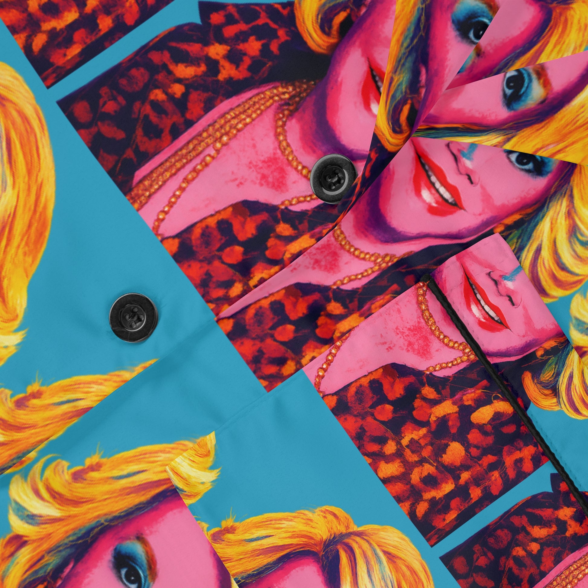 Close up detail of Joan Fashion Police satin pajama fabric showing pop art portrait print, smooth texture, and button detail.