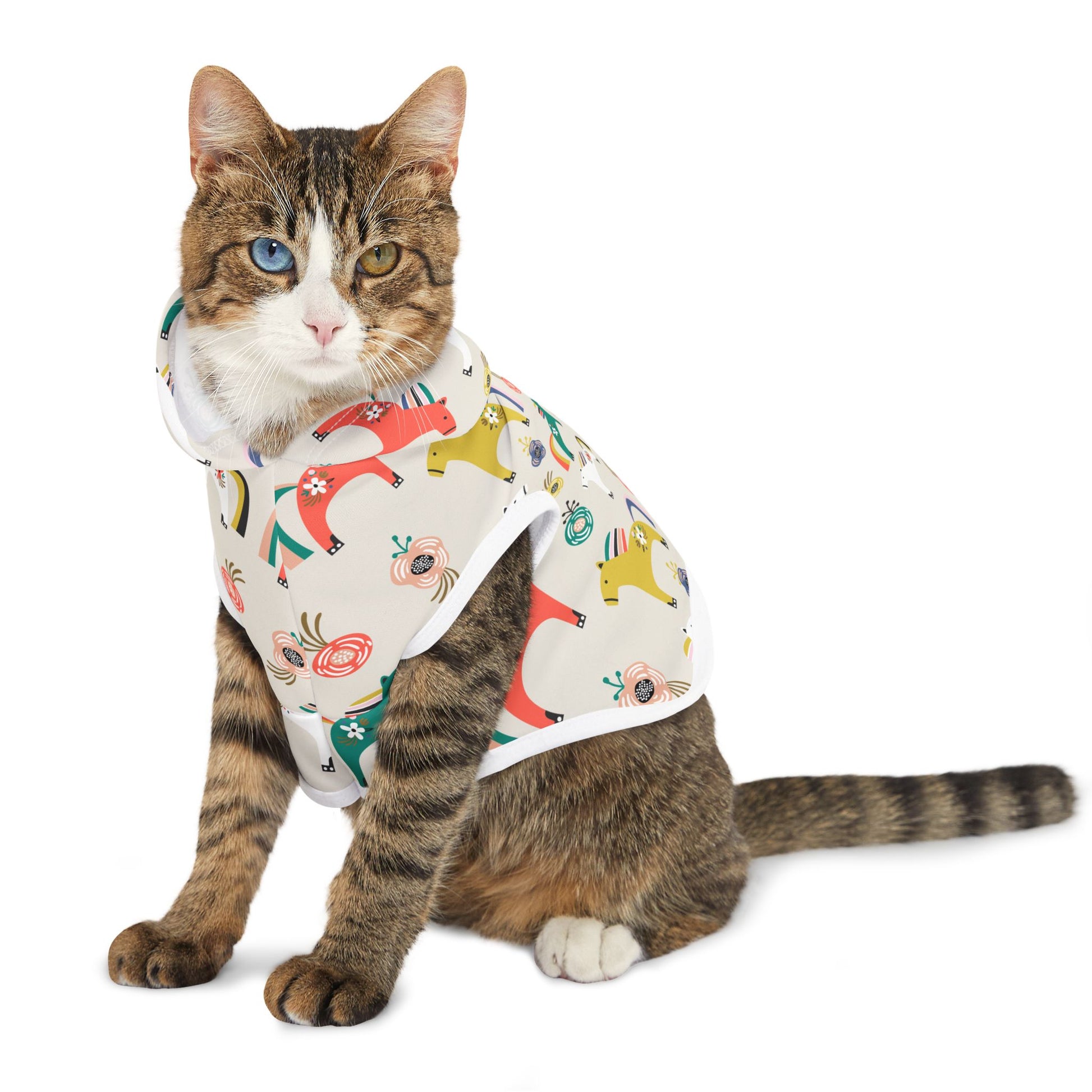 Cat standing sideways showing full design of Horses Pet Hoodie
