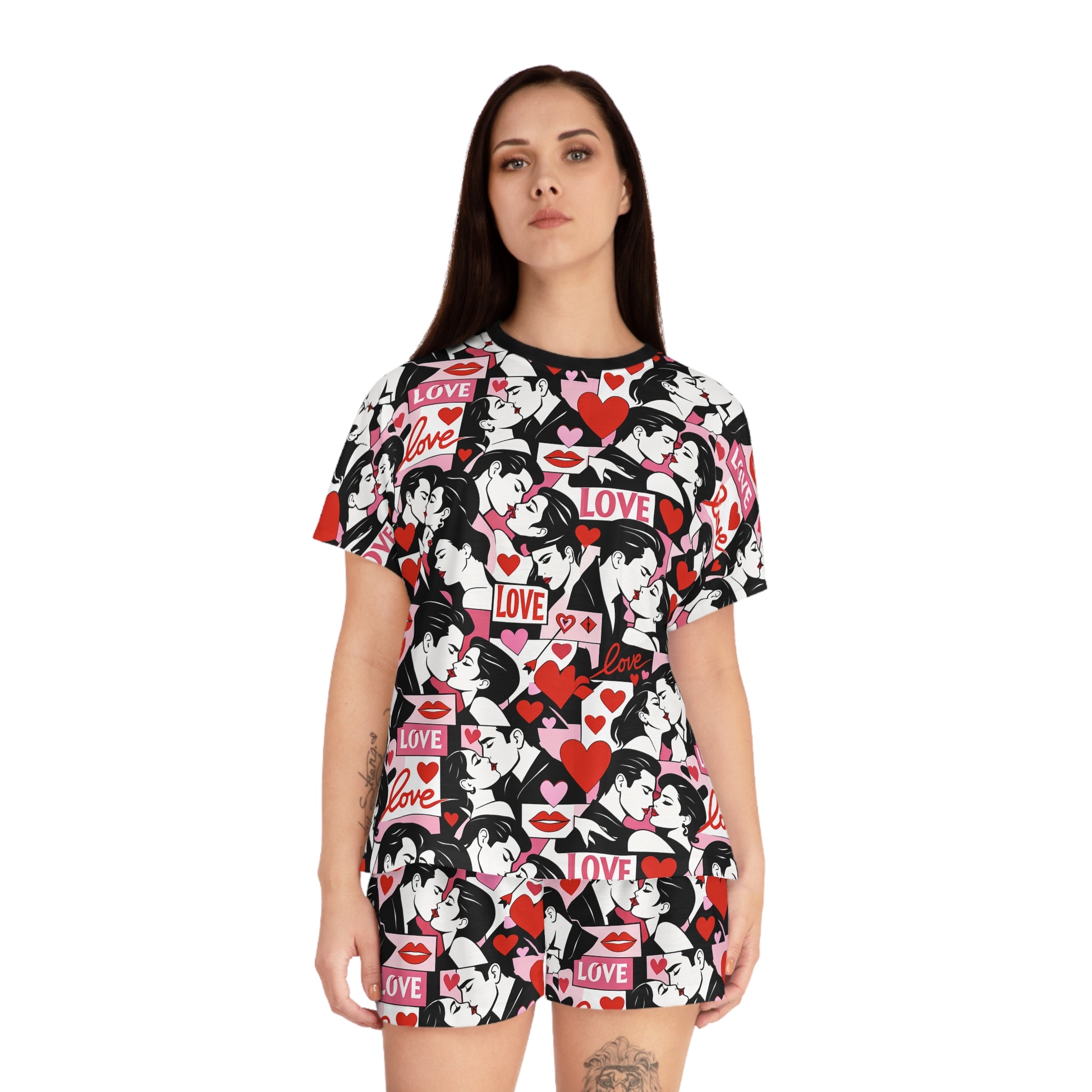 Model wearing women’s retro love print pajama set, front view