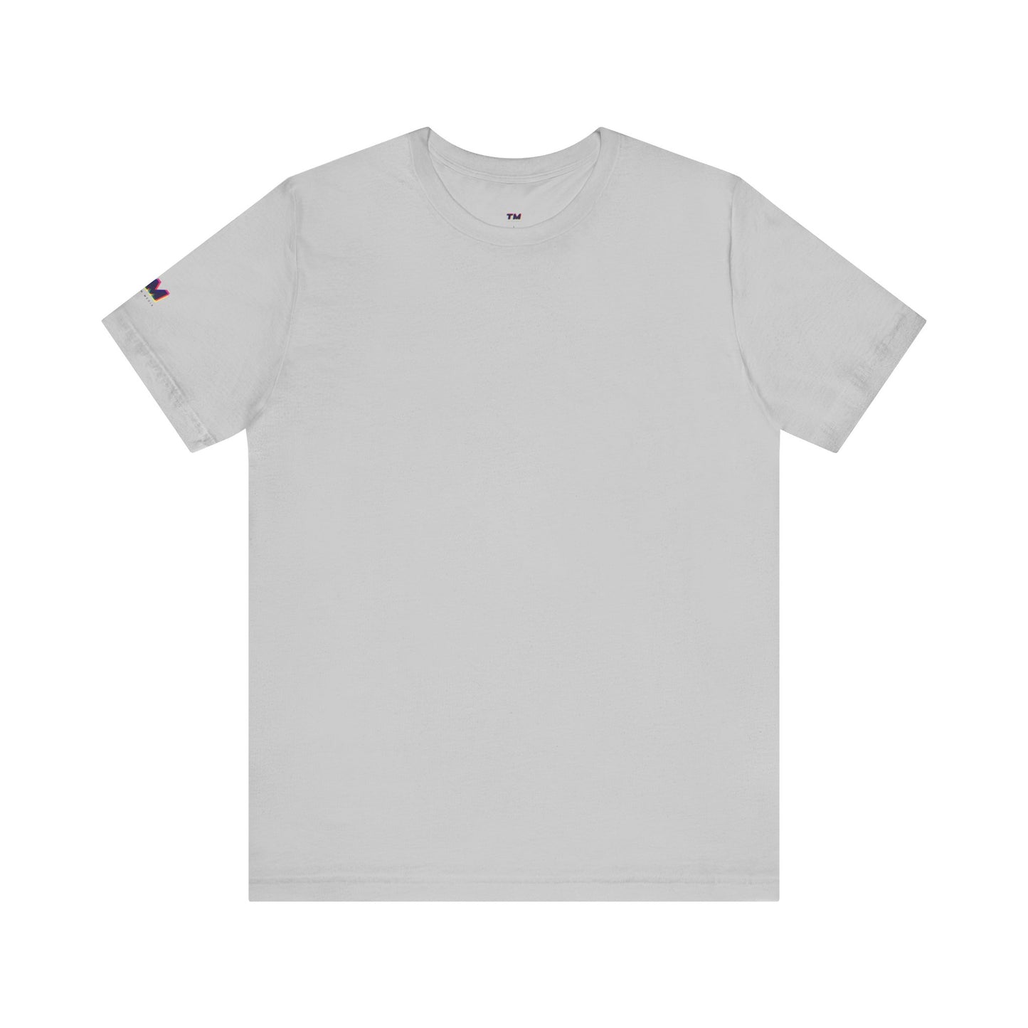 White t-shirt with a small logo on the sleeve against a white background