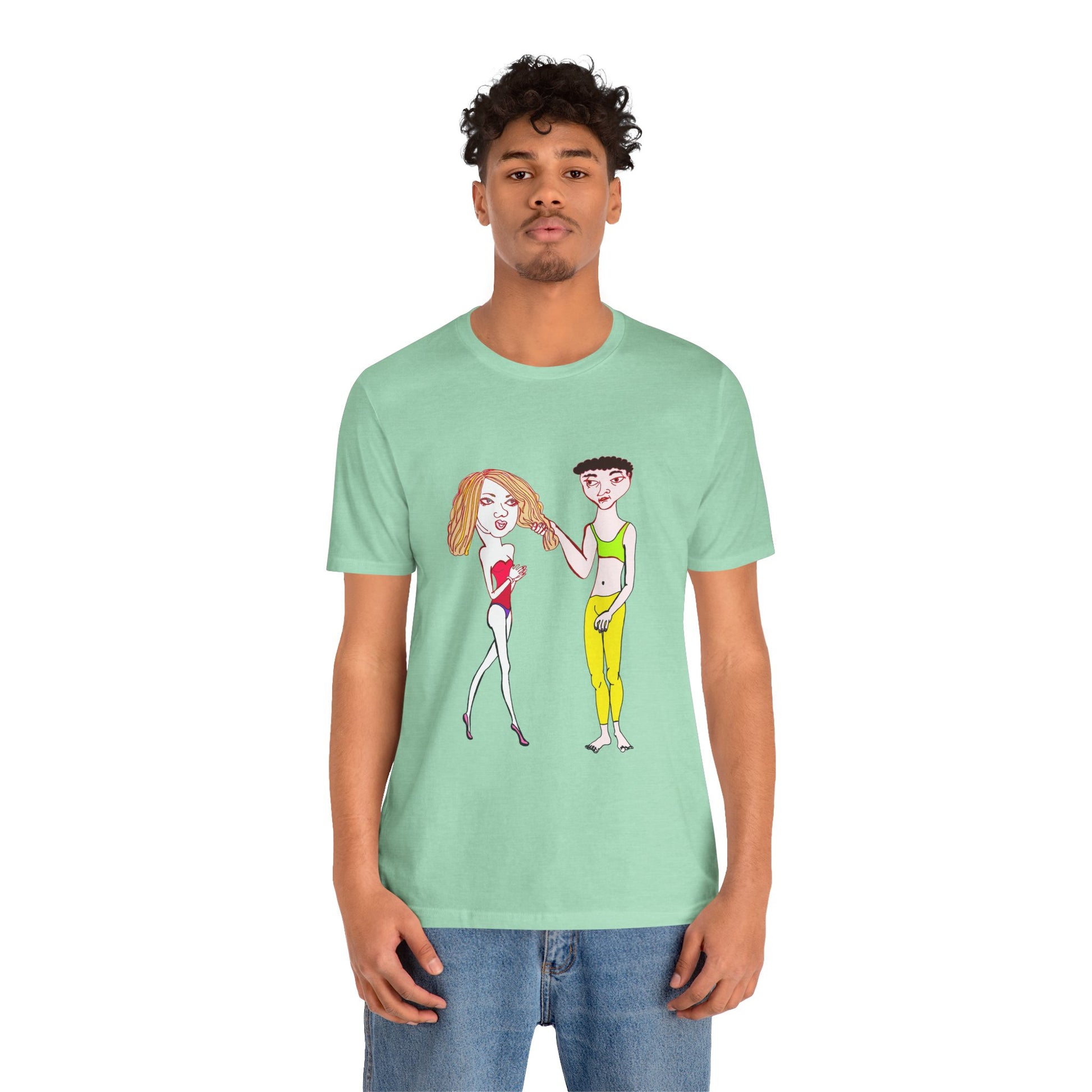 Male model wearing a mint Charlotte and Van hand-drawn couple tee, hands by sides, showing off the bold couple design.
