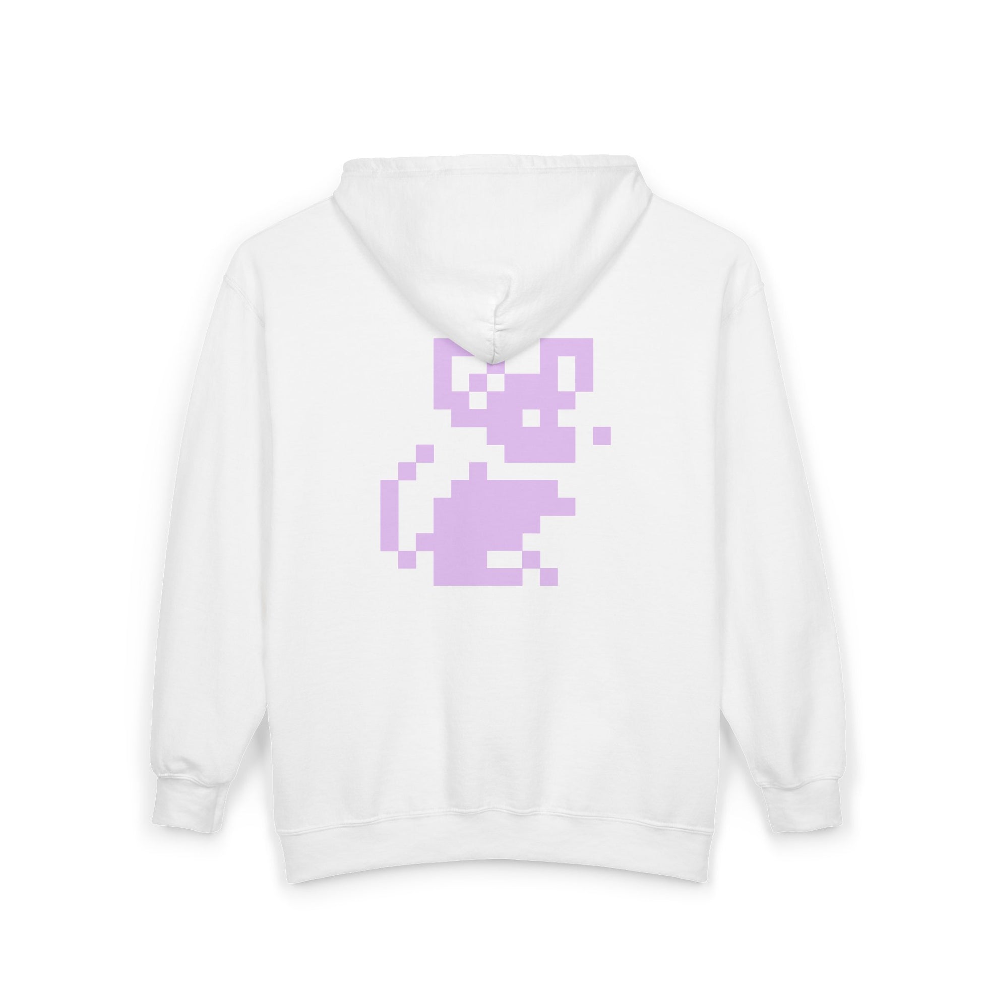 Back of white Pixel Mouse Zip Hoodie featuring centered lavender pixel mouse artwork.