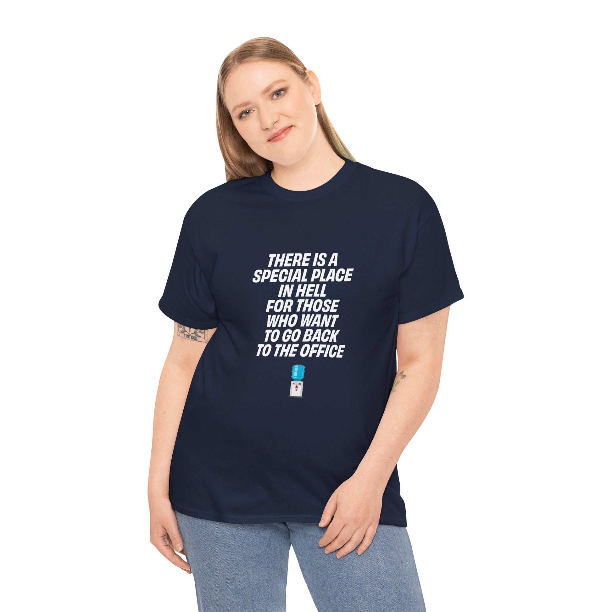 Person wearing a navy blue t-shirt with a humorous office quote on a white background