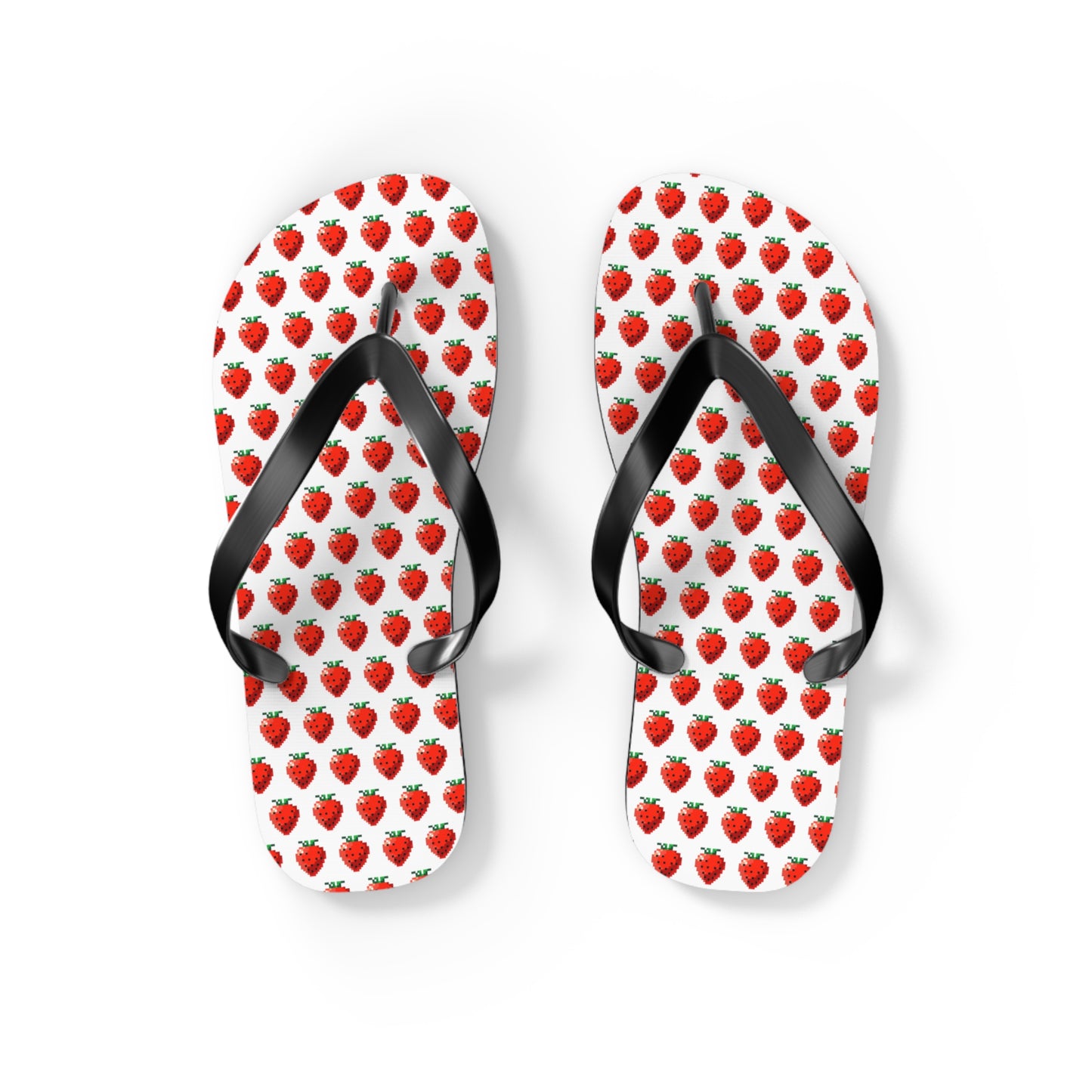 Top view of 8-bit strawberry pixel art flip flops with black strap