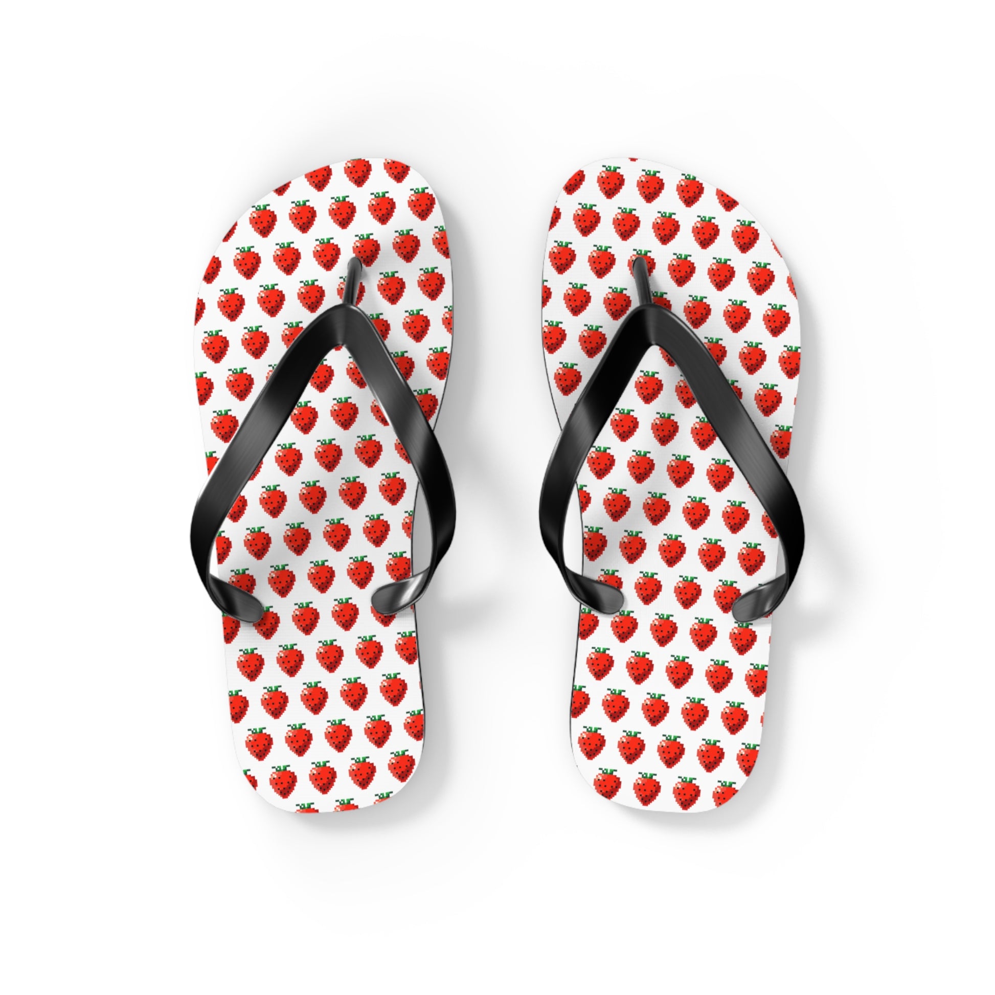 Top view of 8-bit strawberry pixel art flip flops with black strap