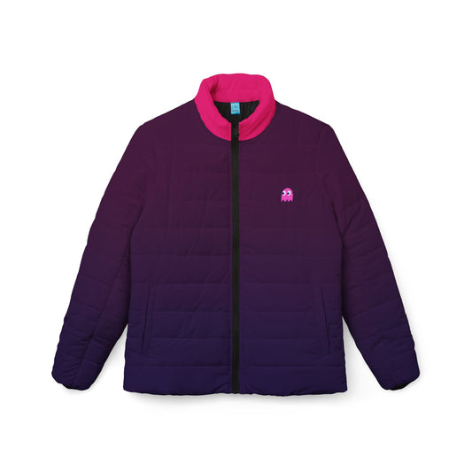 Front view of the Pinky Ghost Purple Women’s Puffer Jacket with bright pink collar and Pac-Man ghost logo.