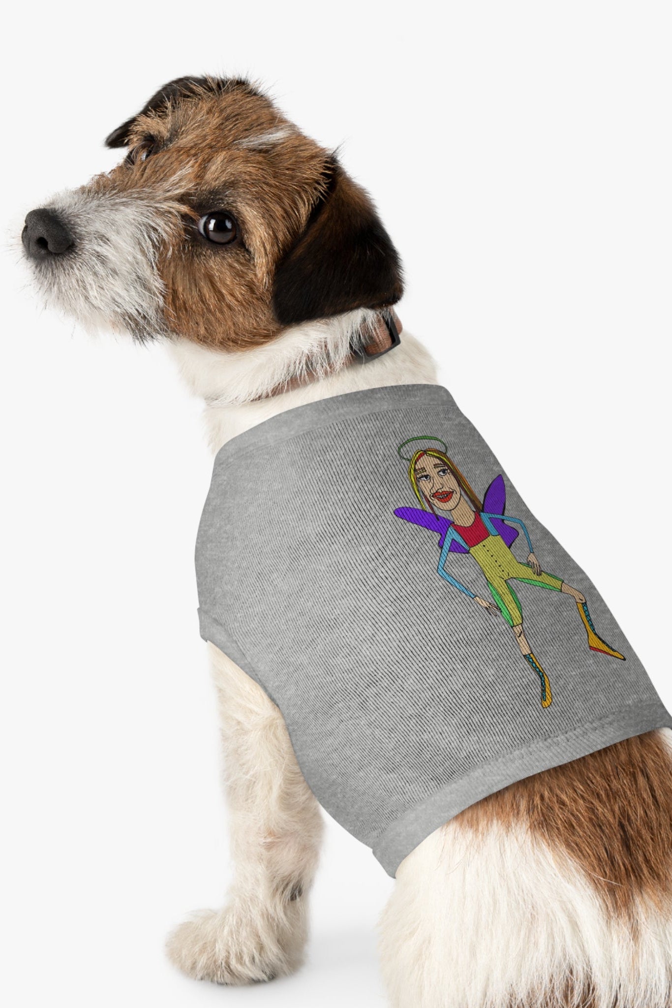 Dog wearing gray angelic fairy graphic pet tank top side view