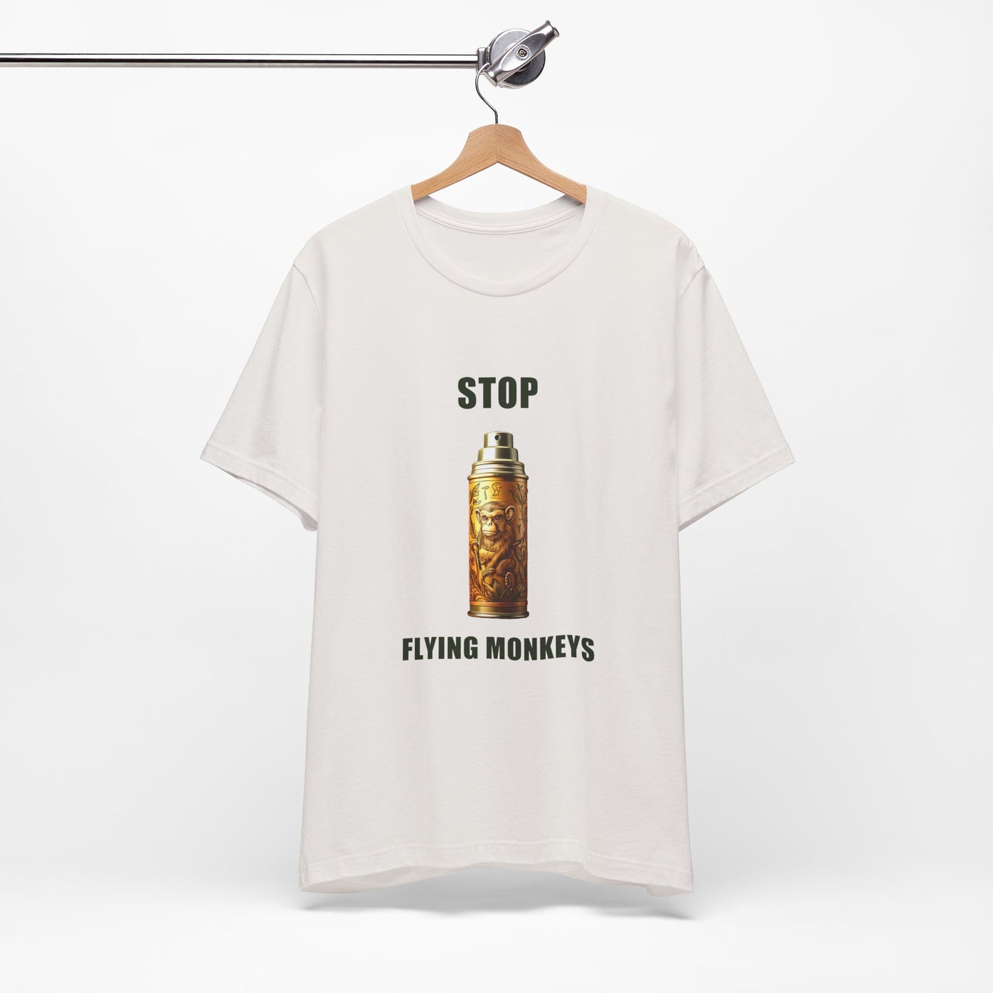 Vintage White Stop Flying Monkeys T-Shirt Alternate Version on hanger front view