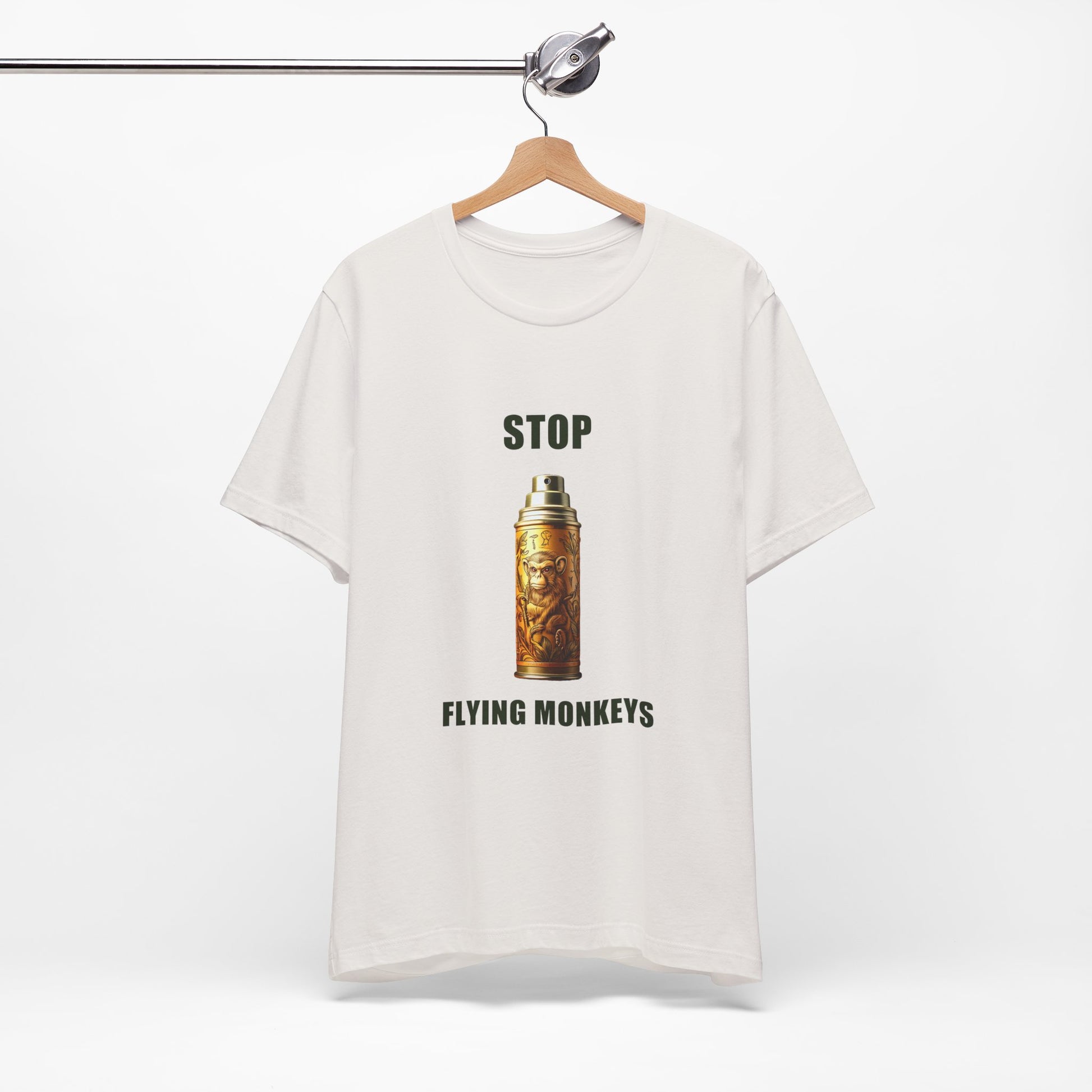Vintage White Stop Flying Monkeys T-Shirt Alternate Version on hanger front view