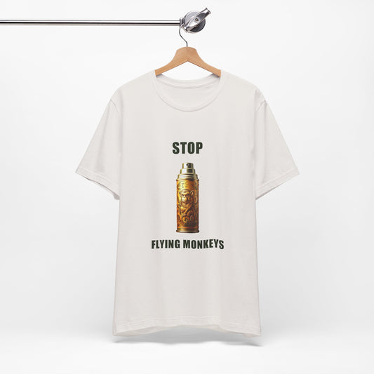 Vintage White Stop Flying Monkeys T-Shirt Alternate Version on hanger front view