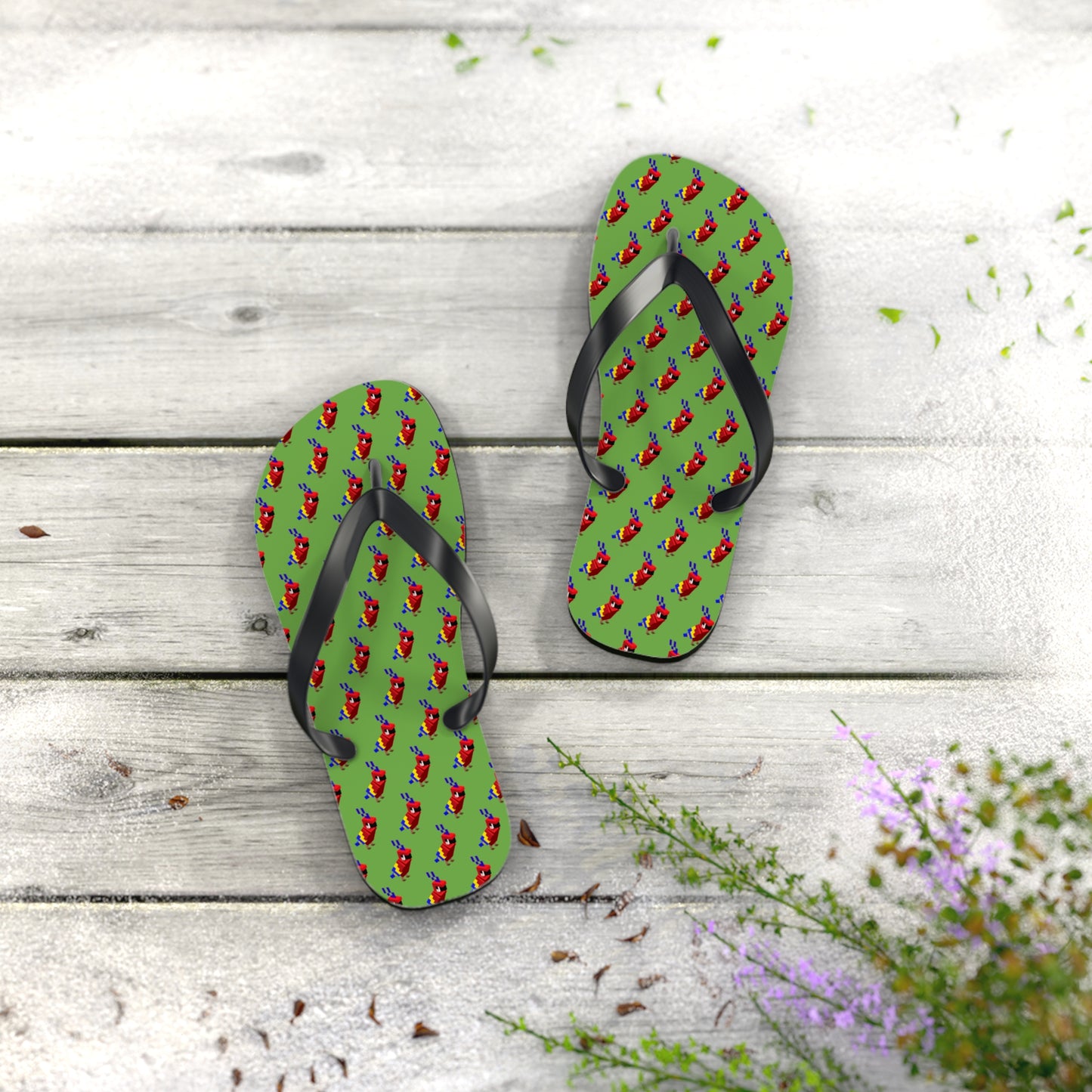 Pixel parrot flip flops on wooden floor, retro arcade design