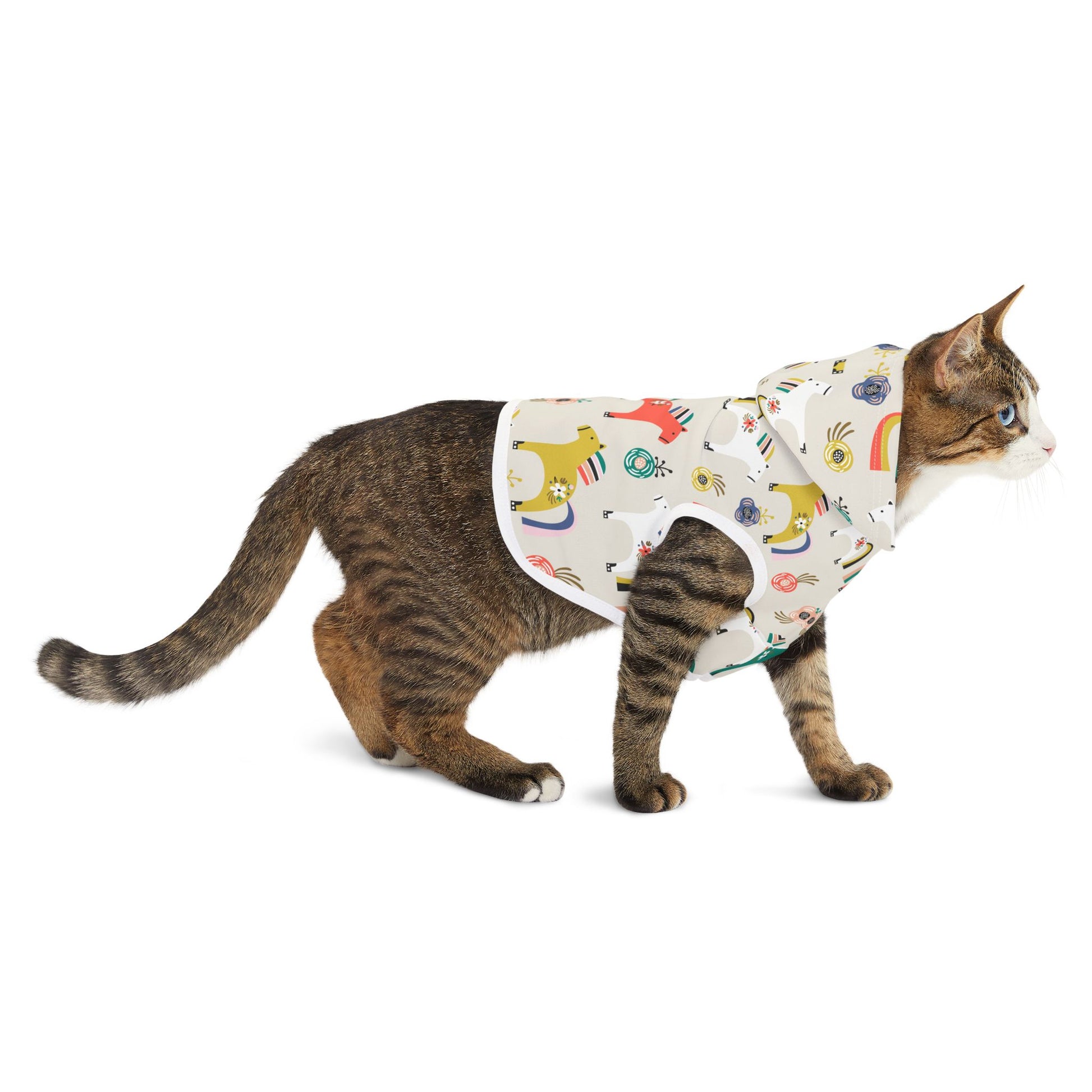 Cat side profile wearing Horses Pet Hoodie with colorful horse design