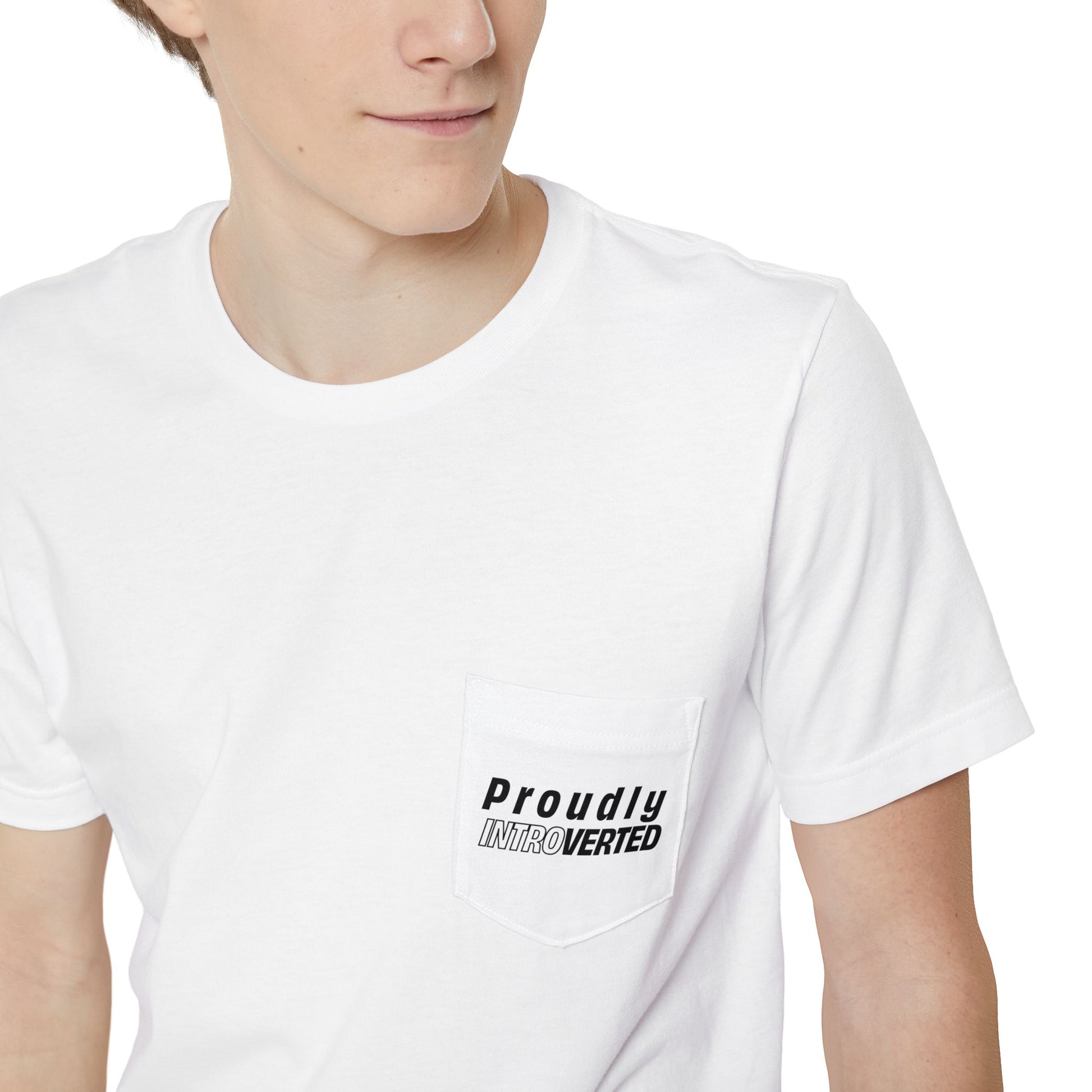 Close-up of man wearing Proudly Introverted Pocket T-Shirt with chest pocket design