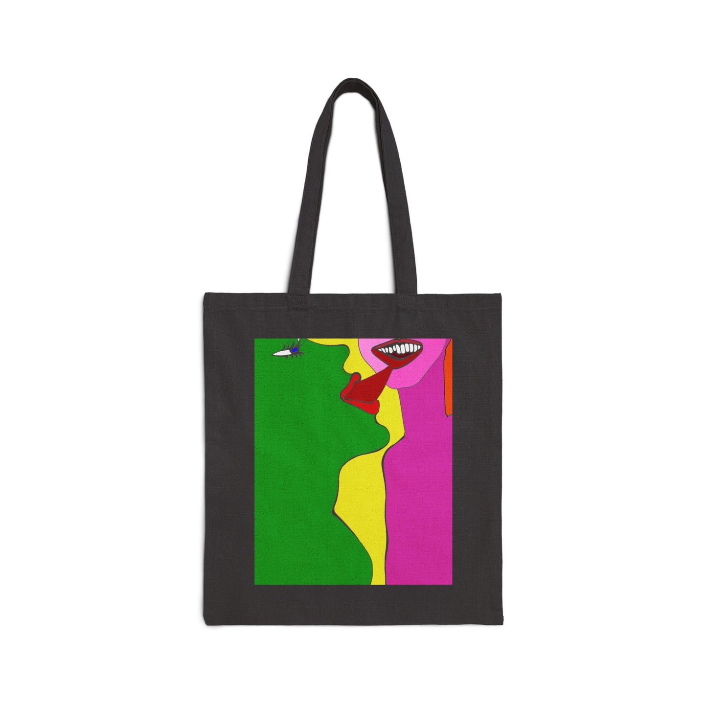 The Kiss Tote Bag front view black canvas tote featuring vibrant abstract artwork print